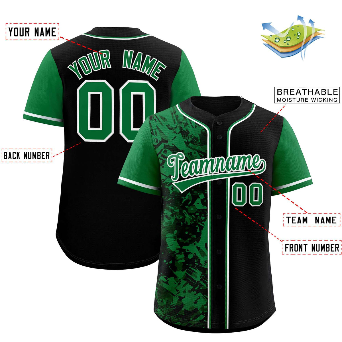 Custom Black Green Split Personalized Graffiti Raglan Sleeve Authentic Baseball Jersey