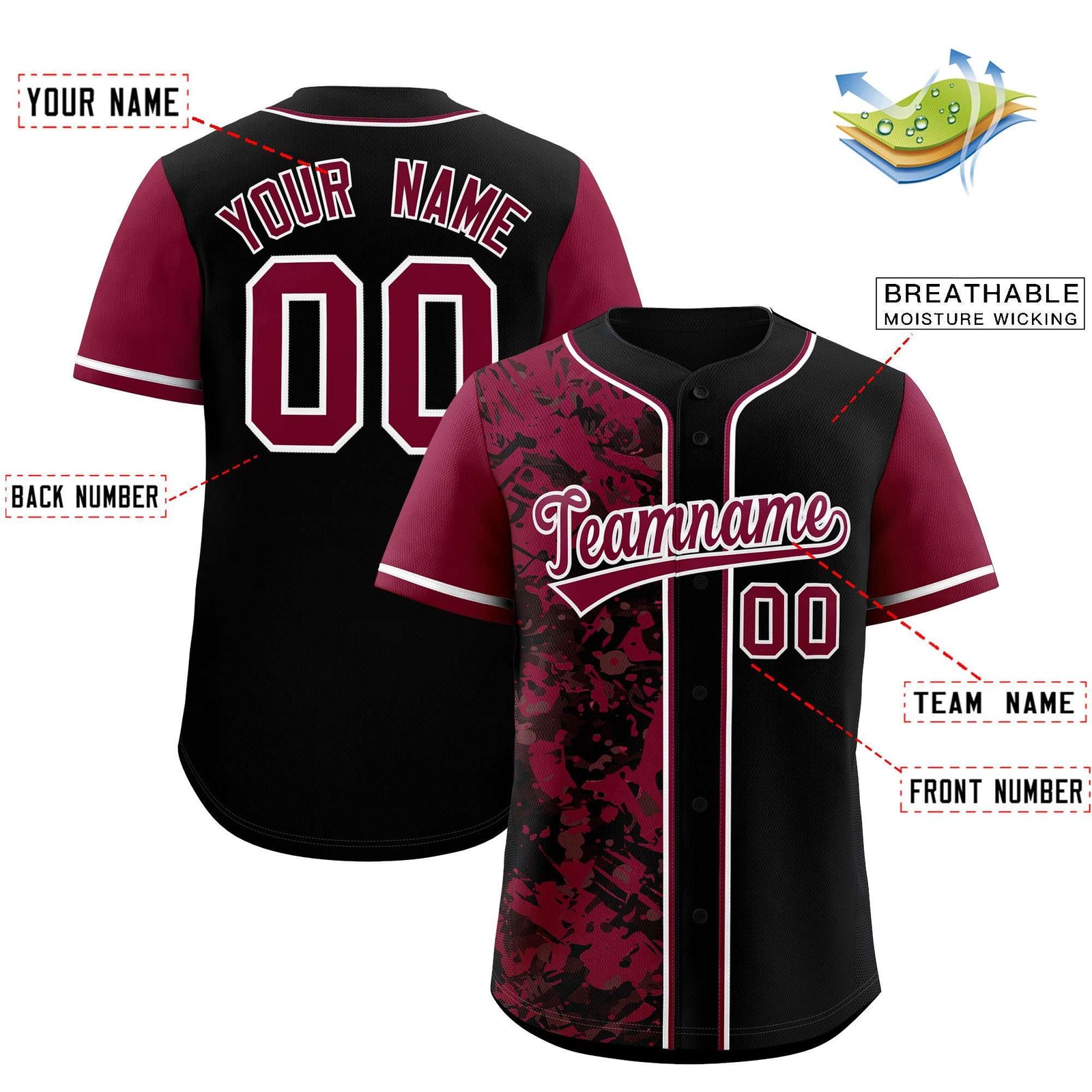 Custom Black Crimson Split Personalized Graffiti Raglan Sleeve Authentic Baseball Jersey
