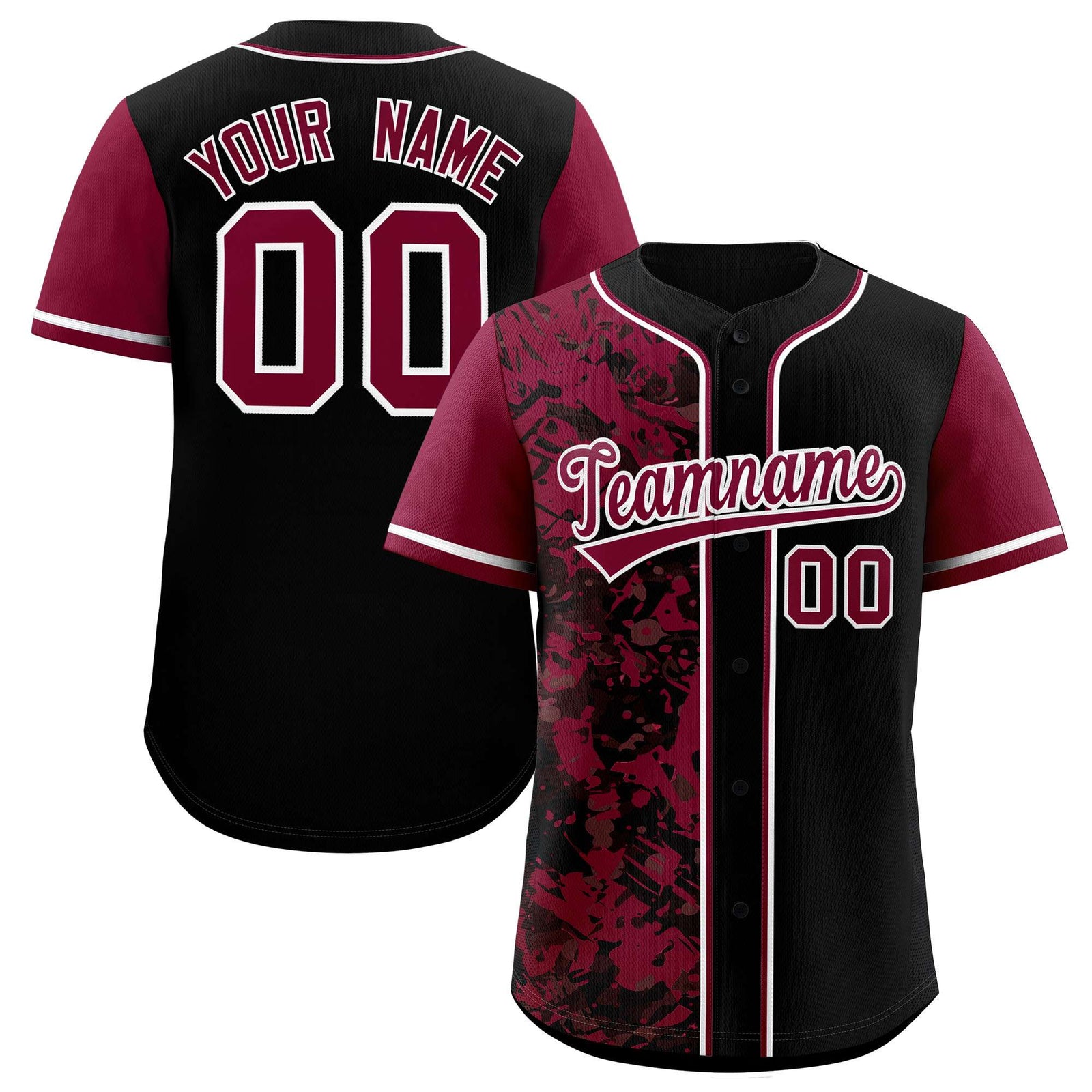Custom Black Crimson Split Personalized Graffiti Raglan Sleeve Authentic Baseball Jersey