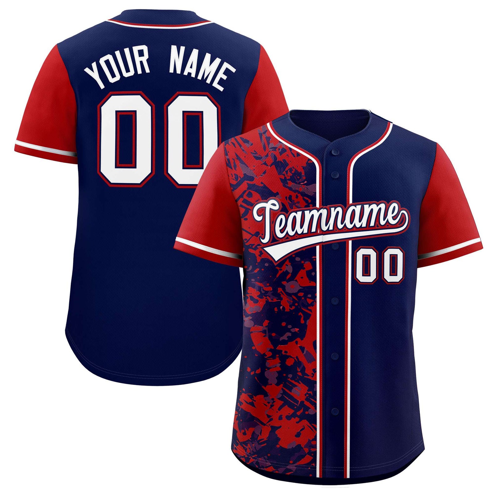 Custom Navy Red Split Personalized Graffiti Raglan Sleeve Authentic Baseball Jersey