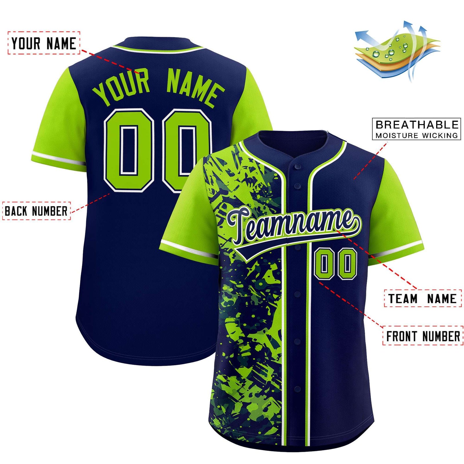 Custom Navy Neon Green Split Personalized Graffiti Raglan Sleeve Authentic Baseball Jersey