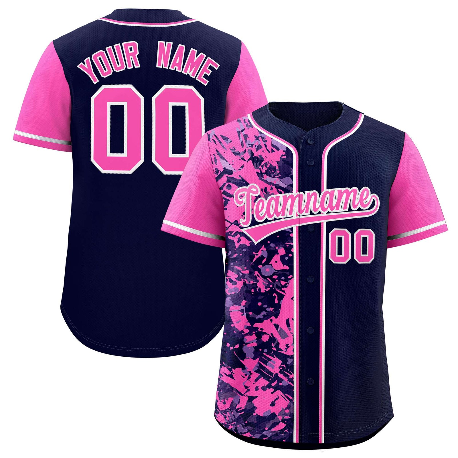 Custom Navy Pink Split Personalized Graffiti Raglan Sleeve Authentic Baseball Jersey