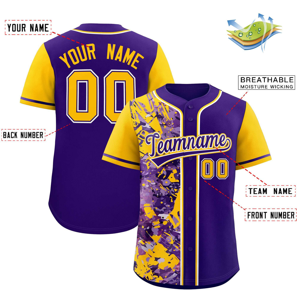 Custom Purple Yellow Split Personalized Graffiti Raglan Sleeve Authentic Baseball Jersey