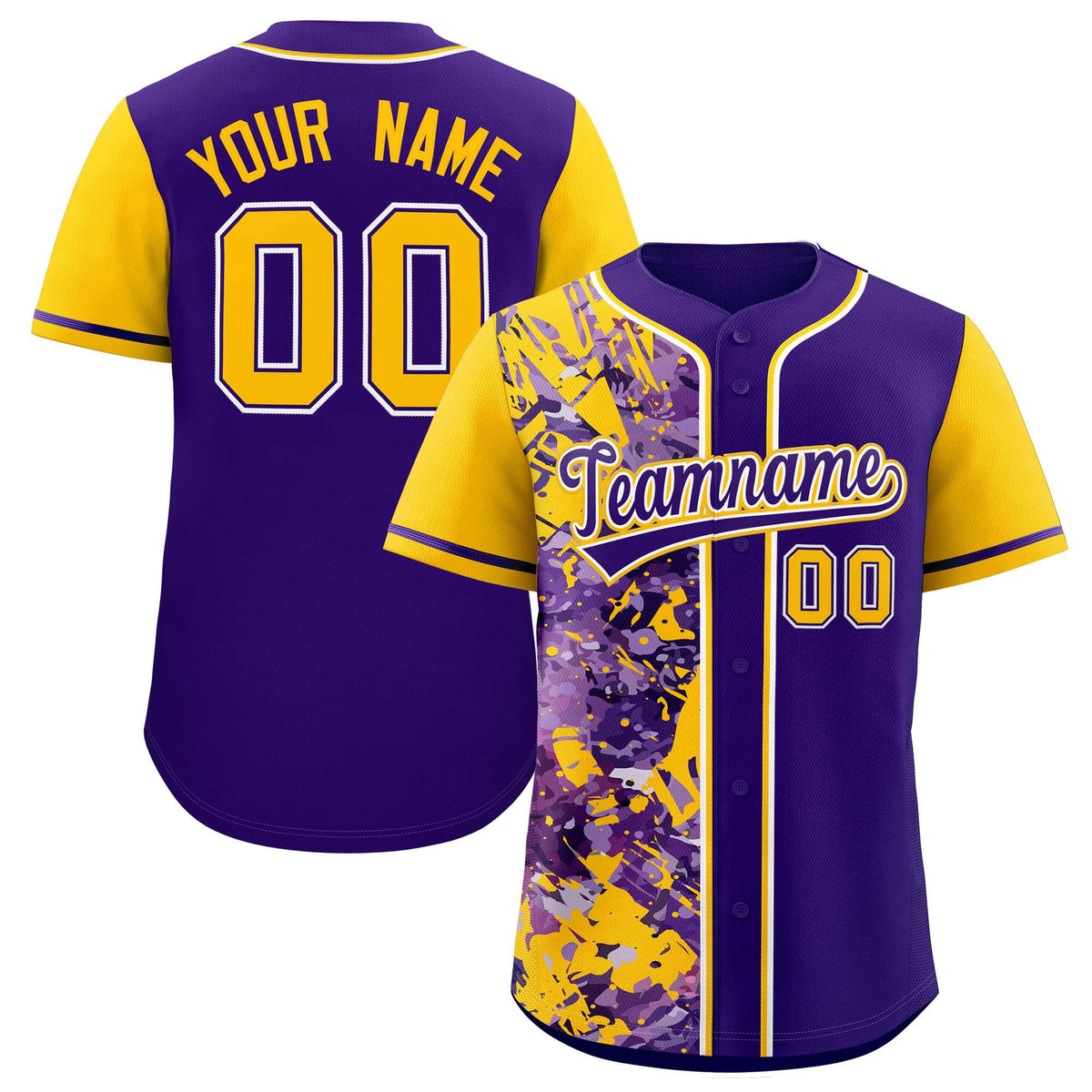 Custom Purple Yellow Split Personalized Graffiti Raglan Sleeve Authentic Baseball Jersey