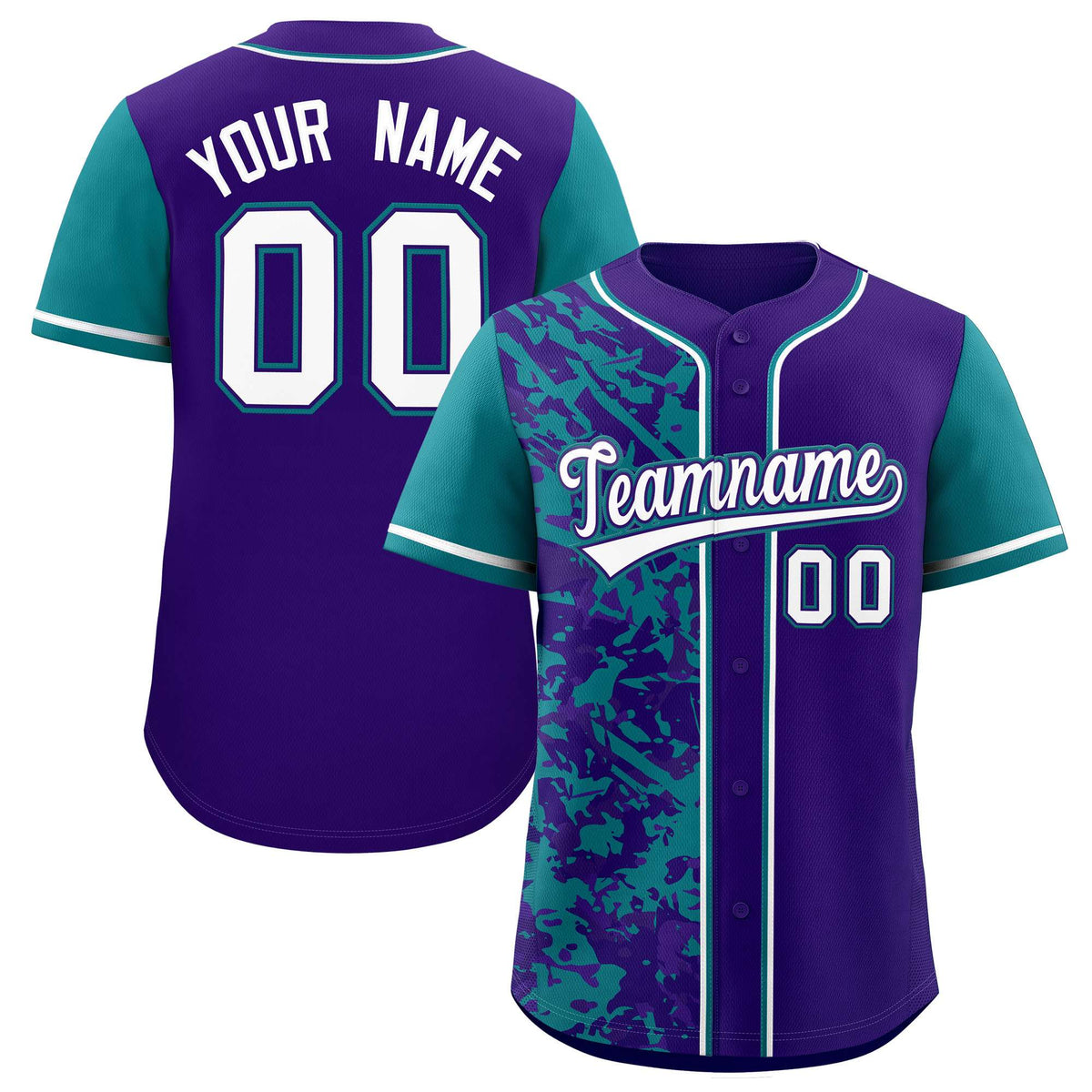 Custom Purple Teal Split Personalized Graffiti Raglan Sleeve Authentic Baseball Jersey