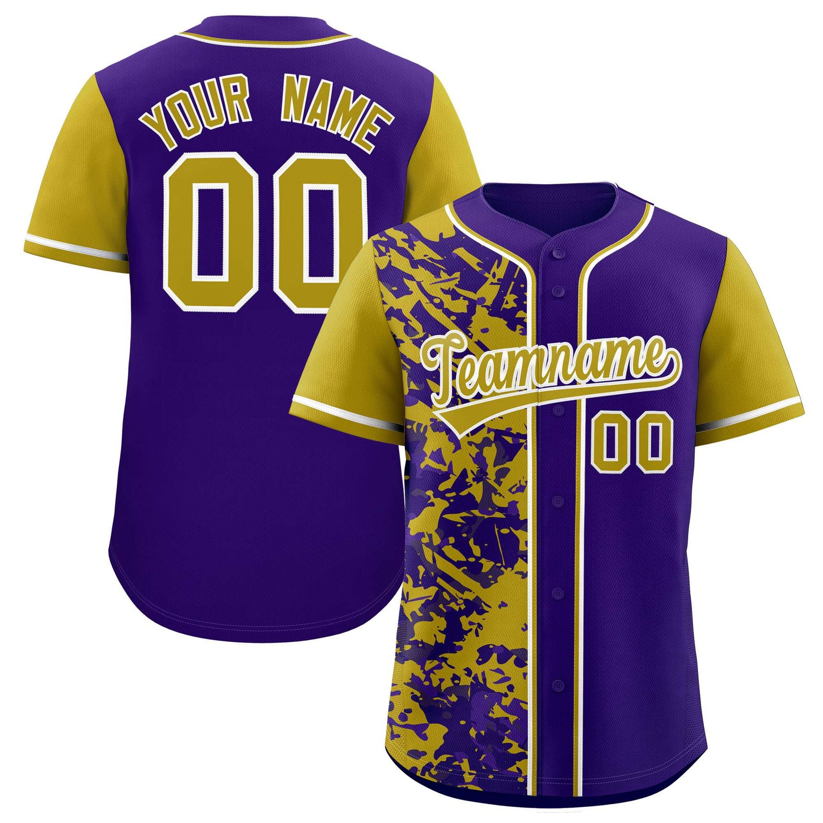 Custom Purple Old Gold Split Personalized Graffiti Raglan Sleeve Authentic Baseball Jersey