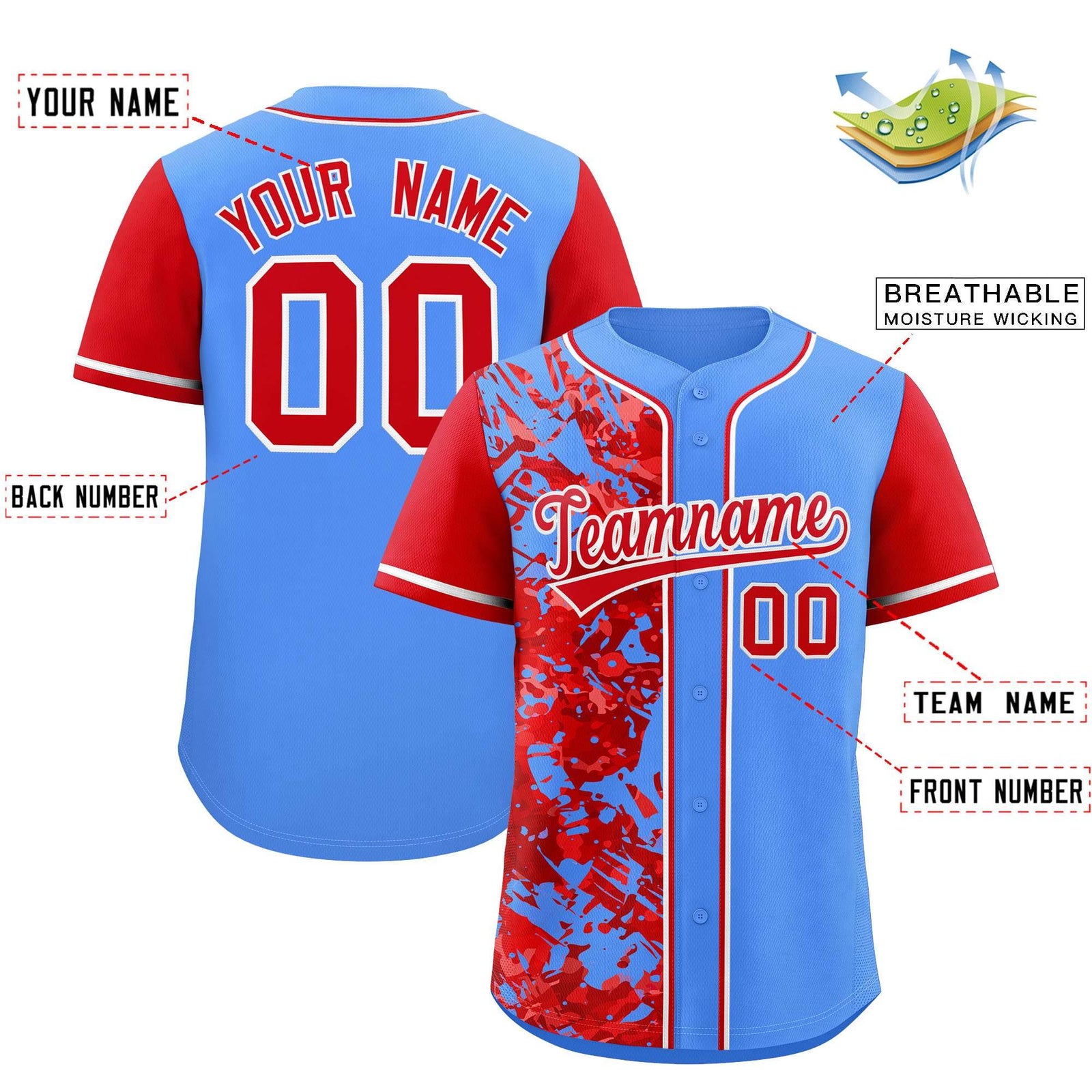 Custom Blue Red Split Personalized Graffiti Raglan Sleeve Authentic Baseball Jersey