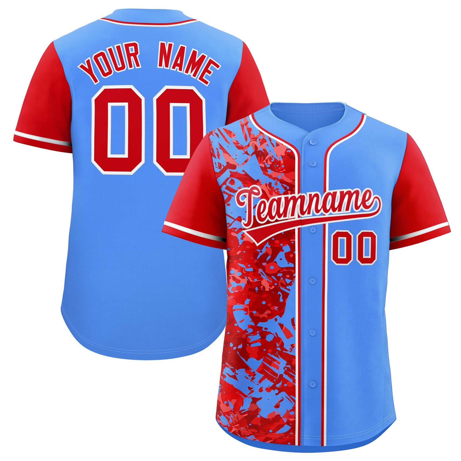 Custom Blue Red Split Personalized Graffiti Raglan Sleeve Authentic Baseball Jersey