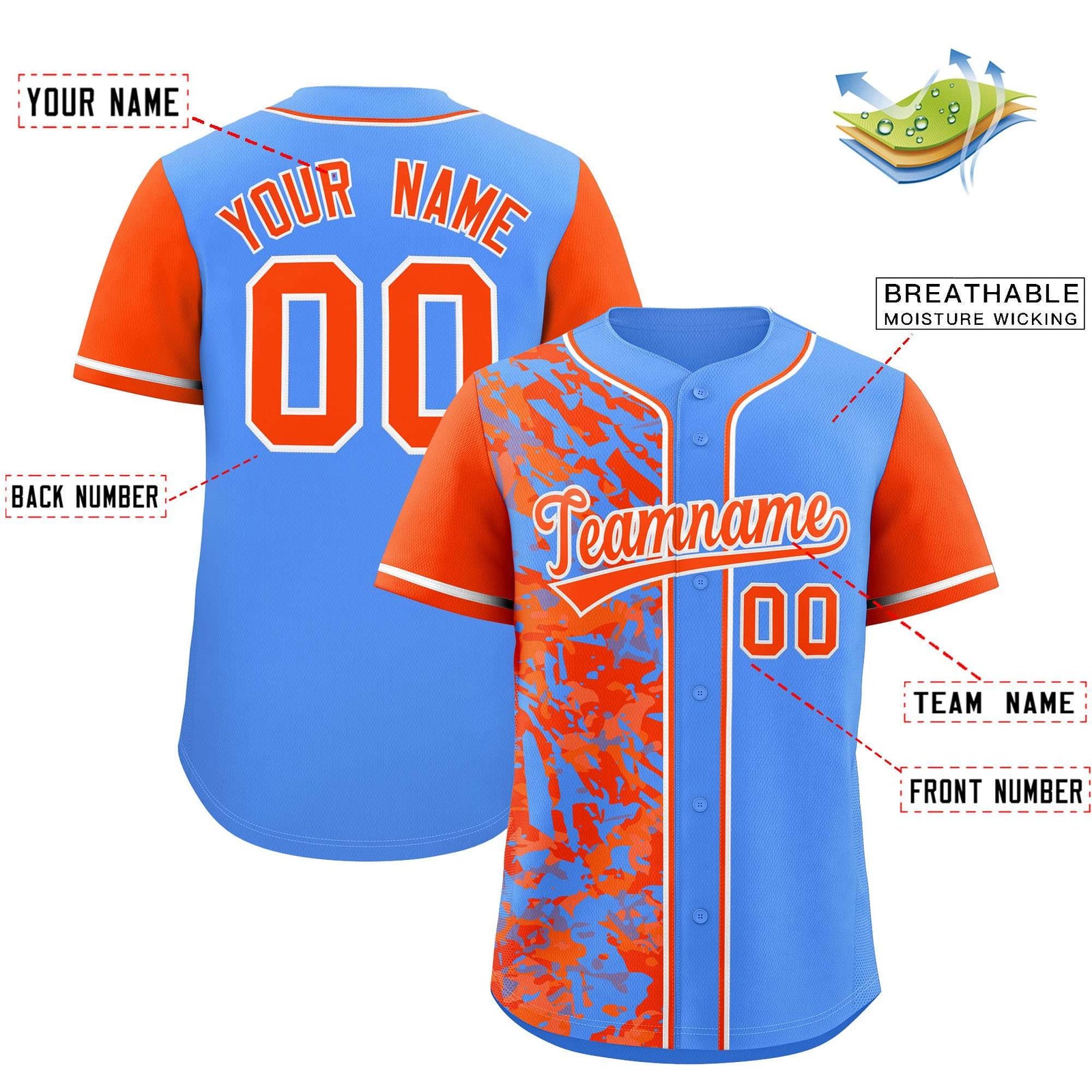 Custom Blue Orange Split Personalized Graffiti Raglan Sleeve Authentic Baseball Jersey