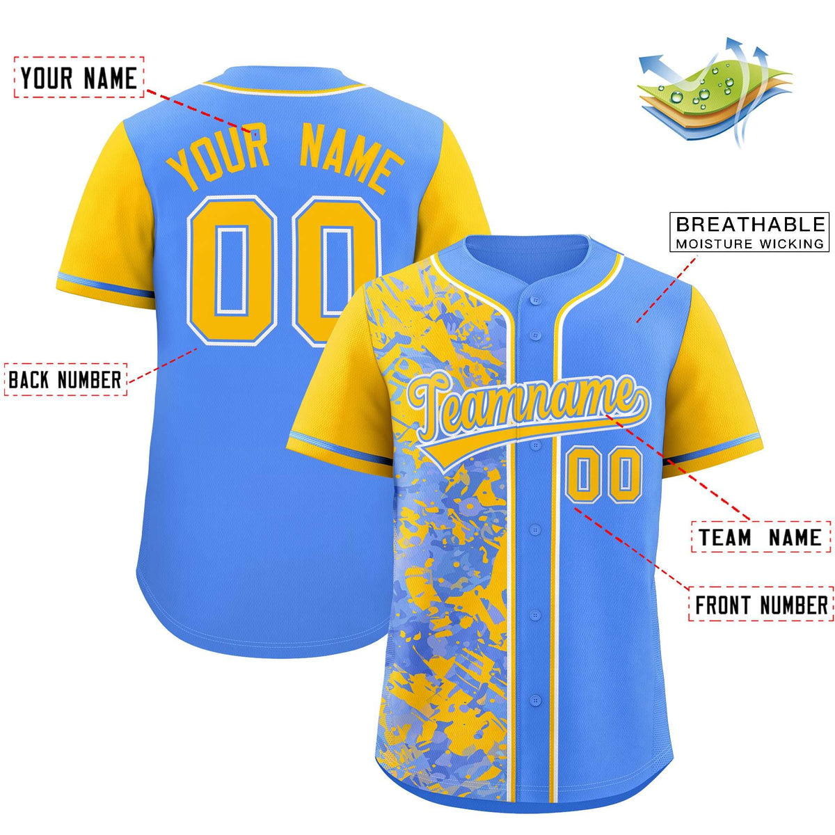 Custom Blue Yellow Split Personalized Graffiti Raglan Sleeve Authentic Baseball Jersey