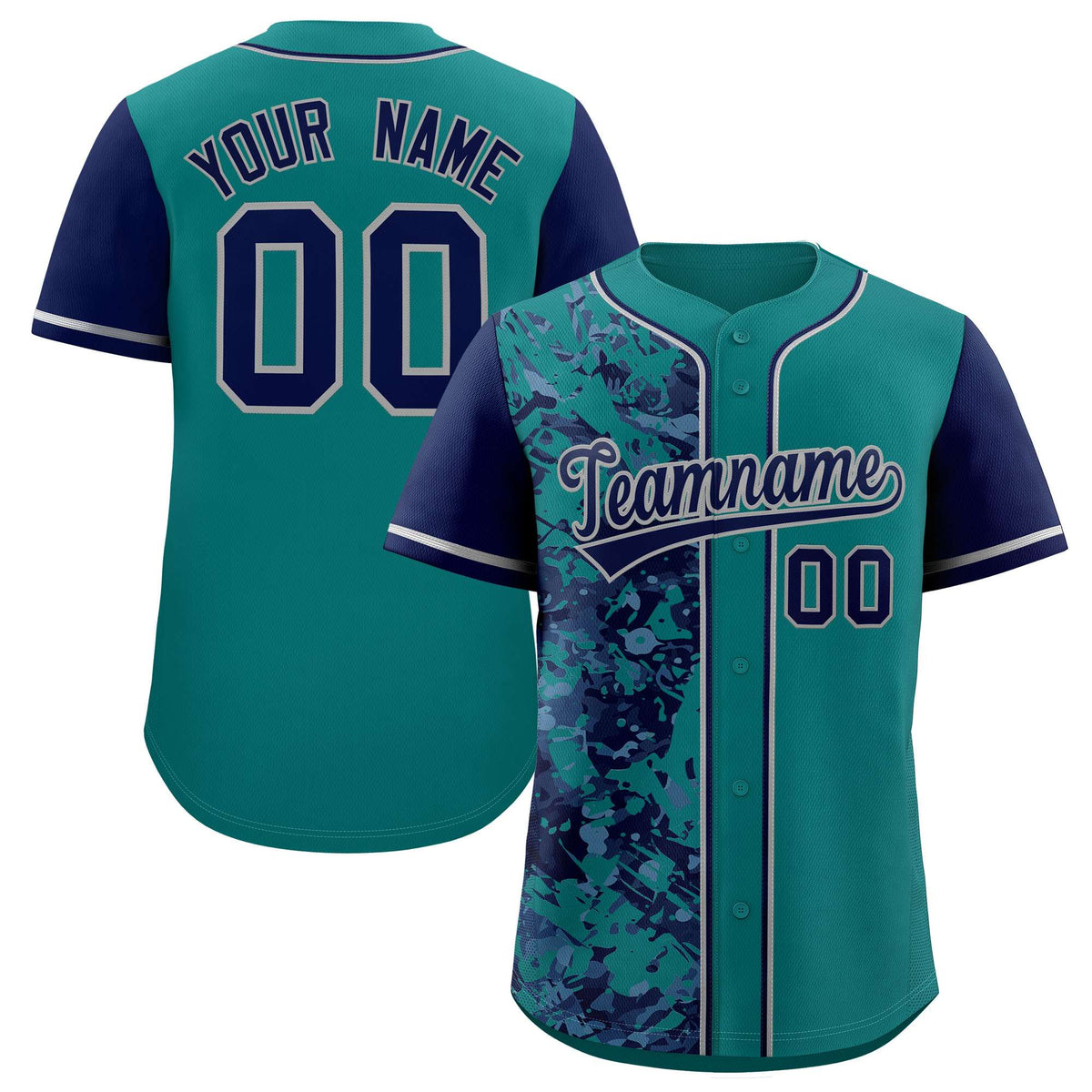 Custom Aqua Navy Split Personalized Graffiti Raglan Sleeve Authentic Baseball Jersey