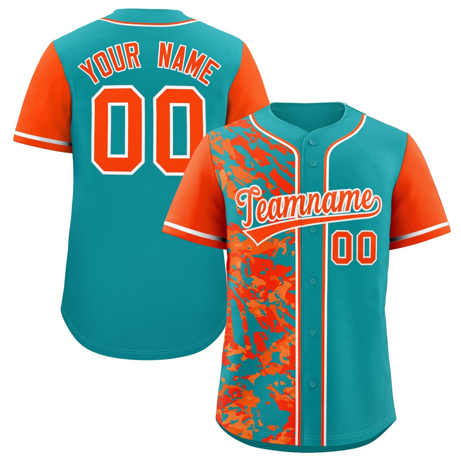Custom Aqua Orange Split Personalized Graffiti Raglan Sleeve Authentic Baseball Jersey