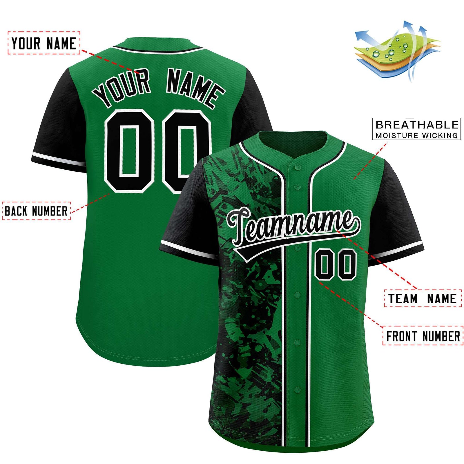 Custom Green Black Split Personalized Graffiti Raglan Sleeve Authentic Baseball Jersey