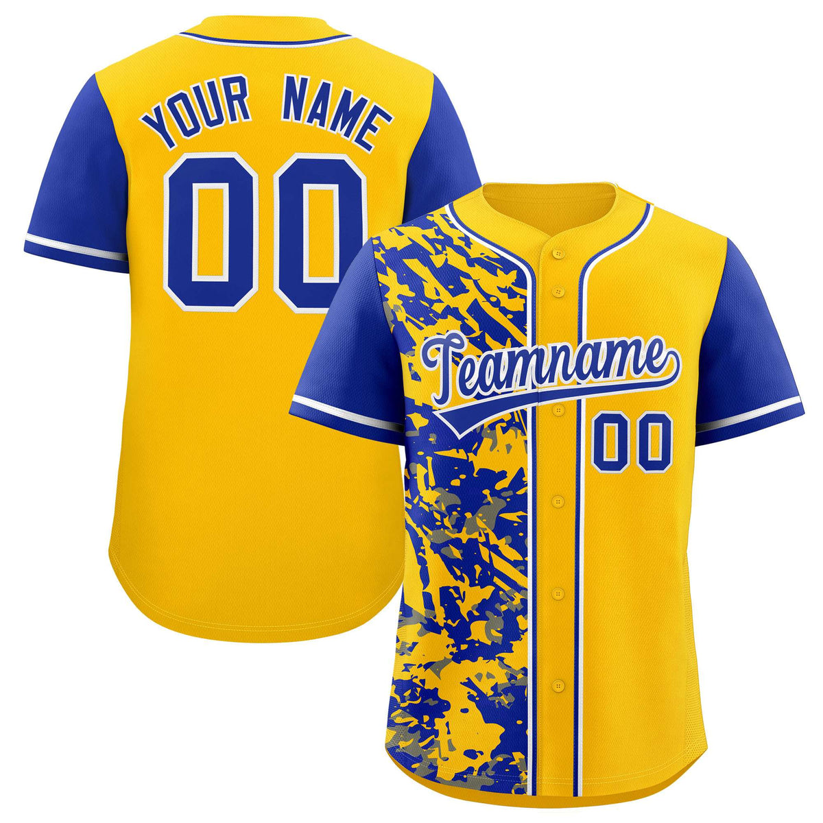 Custom Yellow Royal Split Personalized Graffiti Raglan Sleeve Authentic Baseball Jersey