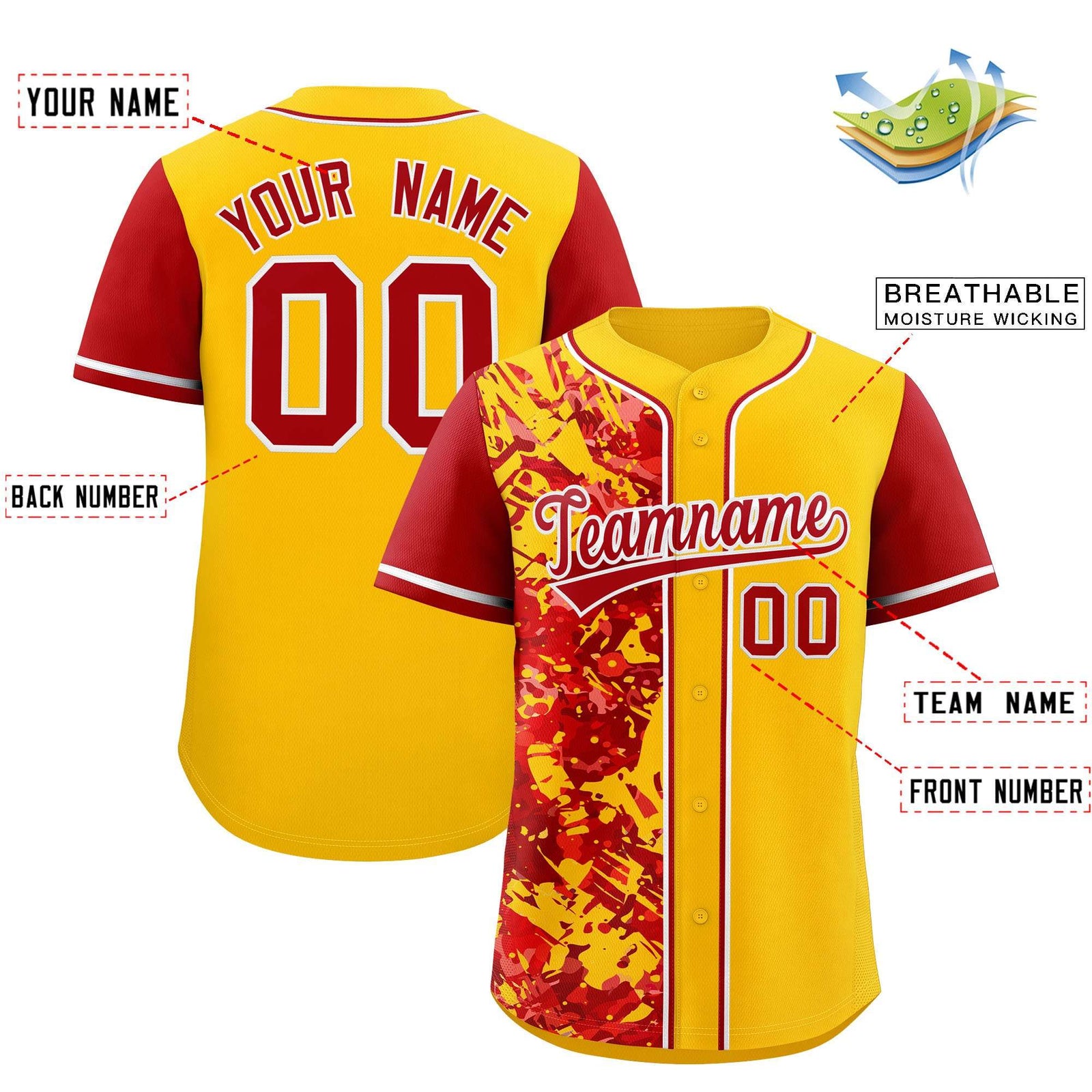 Custom Yellow Red Split Personalized Graffiti Raglan Sleeve Authentic Baseball Jersey