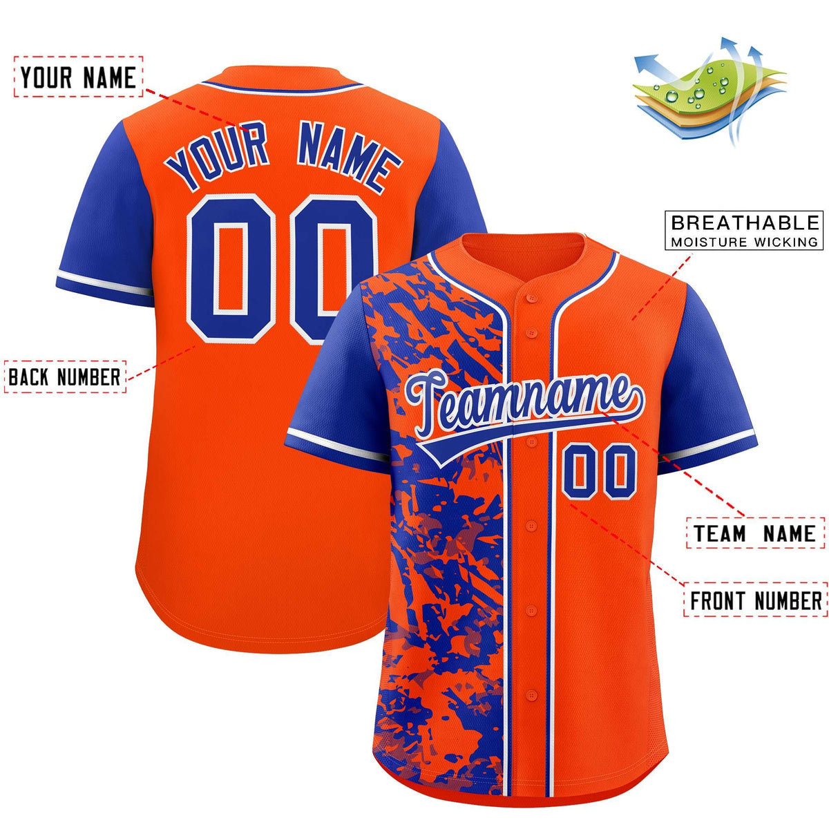 Custom Orange Royal Split Personalized Graffiti Raglan Sleeve Authentic Baseball Jersey