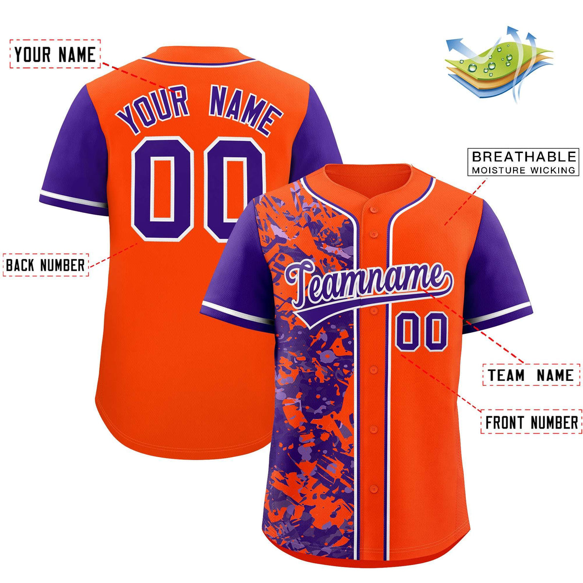 Custom Orange Purple Split Personalized Graffiti Raglan Sleeve Authentic Baseball Jersey