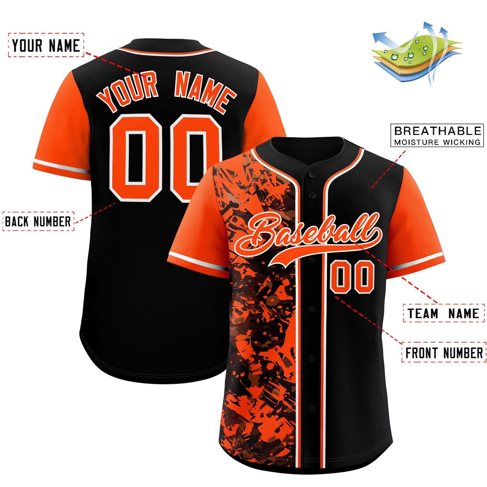 Custom Black Orange Split Personalized Graffiti Raglan Sleeve Authentic Baseball Jersey