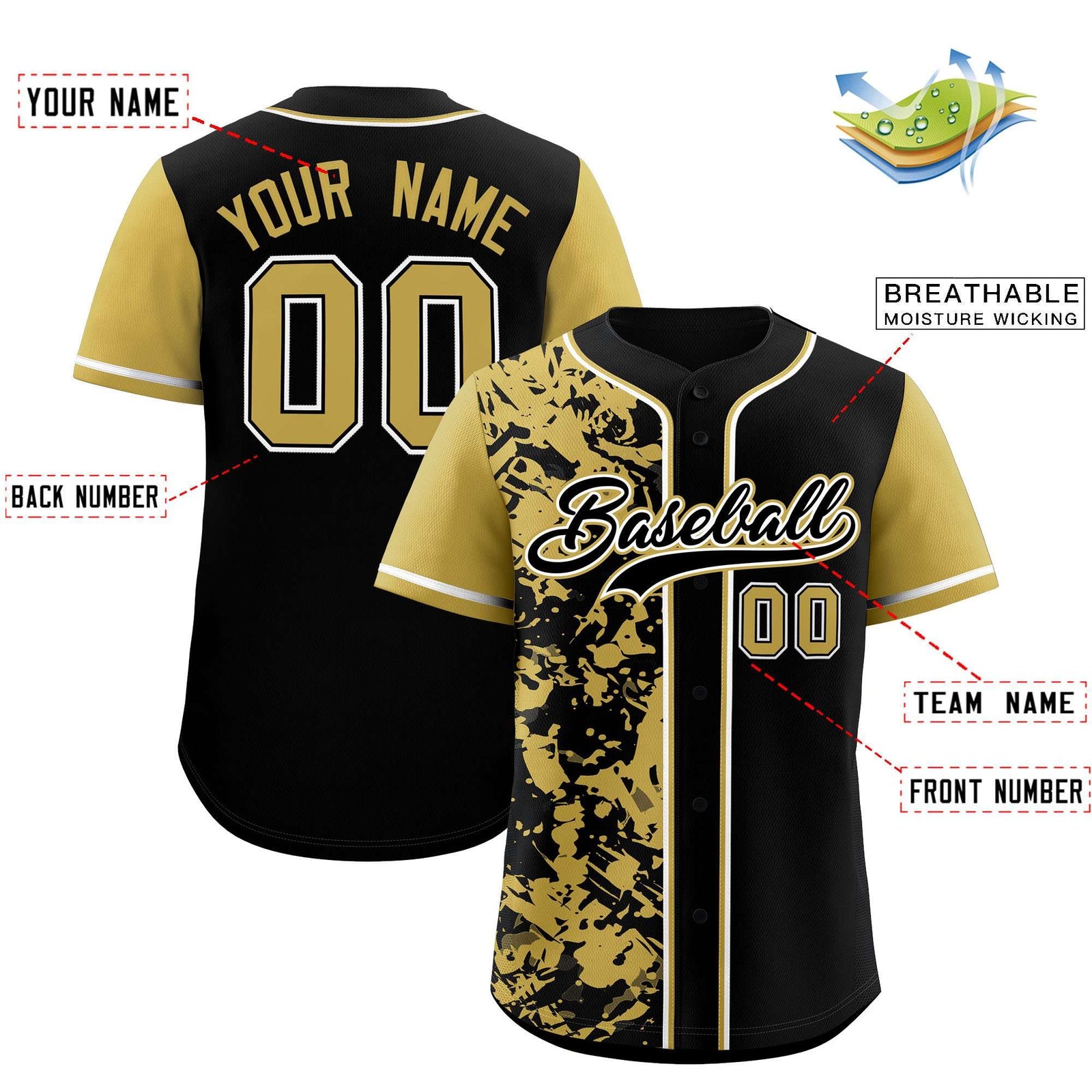 Custom Black Old Gold Split Personalized Graffiti Raglan Sleeve Authentic Baseball Jersey