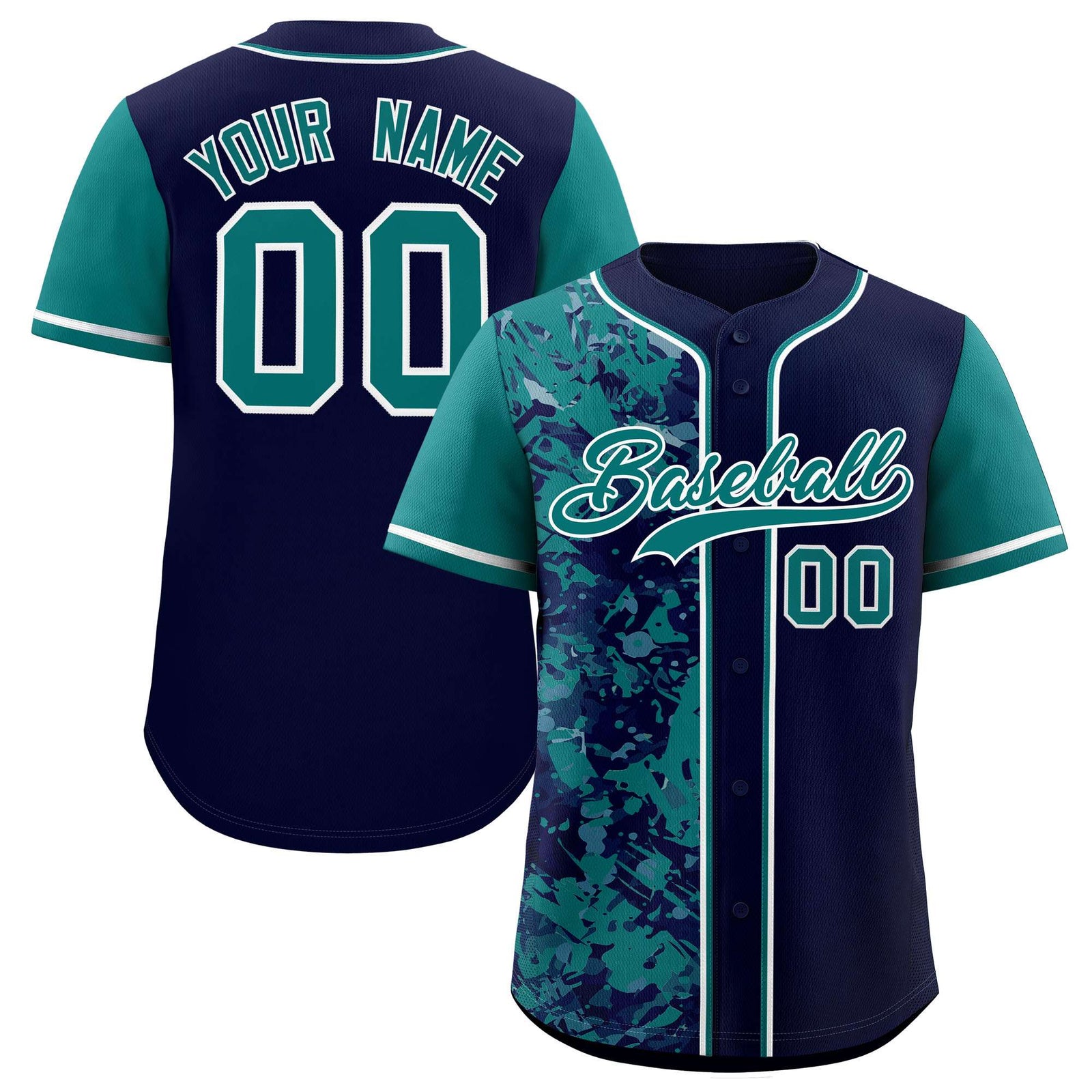 Custom Navy Aqua Split Personalized Graffiti Raglan Sleeve Authentic Baseball Jersey
