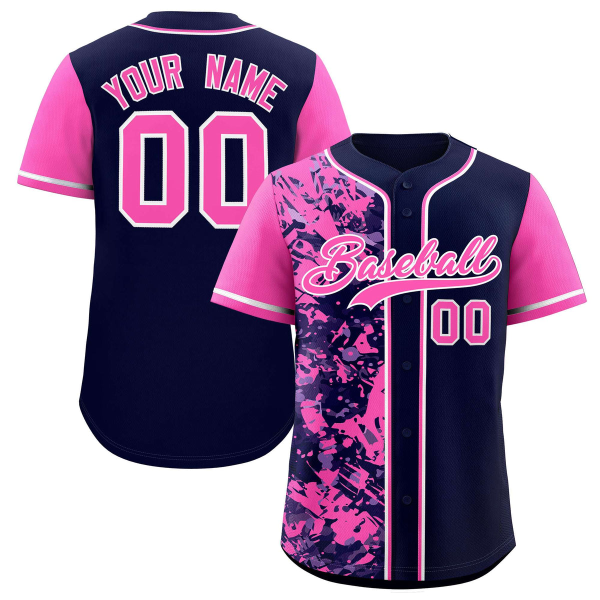 Custom Navy Pink Split Personalized Graffiti Raglan Sleeve Authentic Baseball Jersey