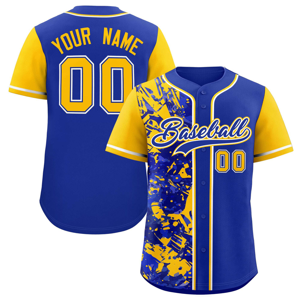 Custom Royal Yellow Split Personalized Graffiti Raglan Sleeve Authentic Baseball Jersey