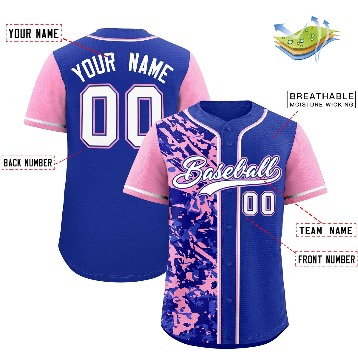 Custom Royal Light Pink Split Personalized Graffiti Raglan Sleeve Authentic Baseball Jersey
