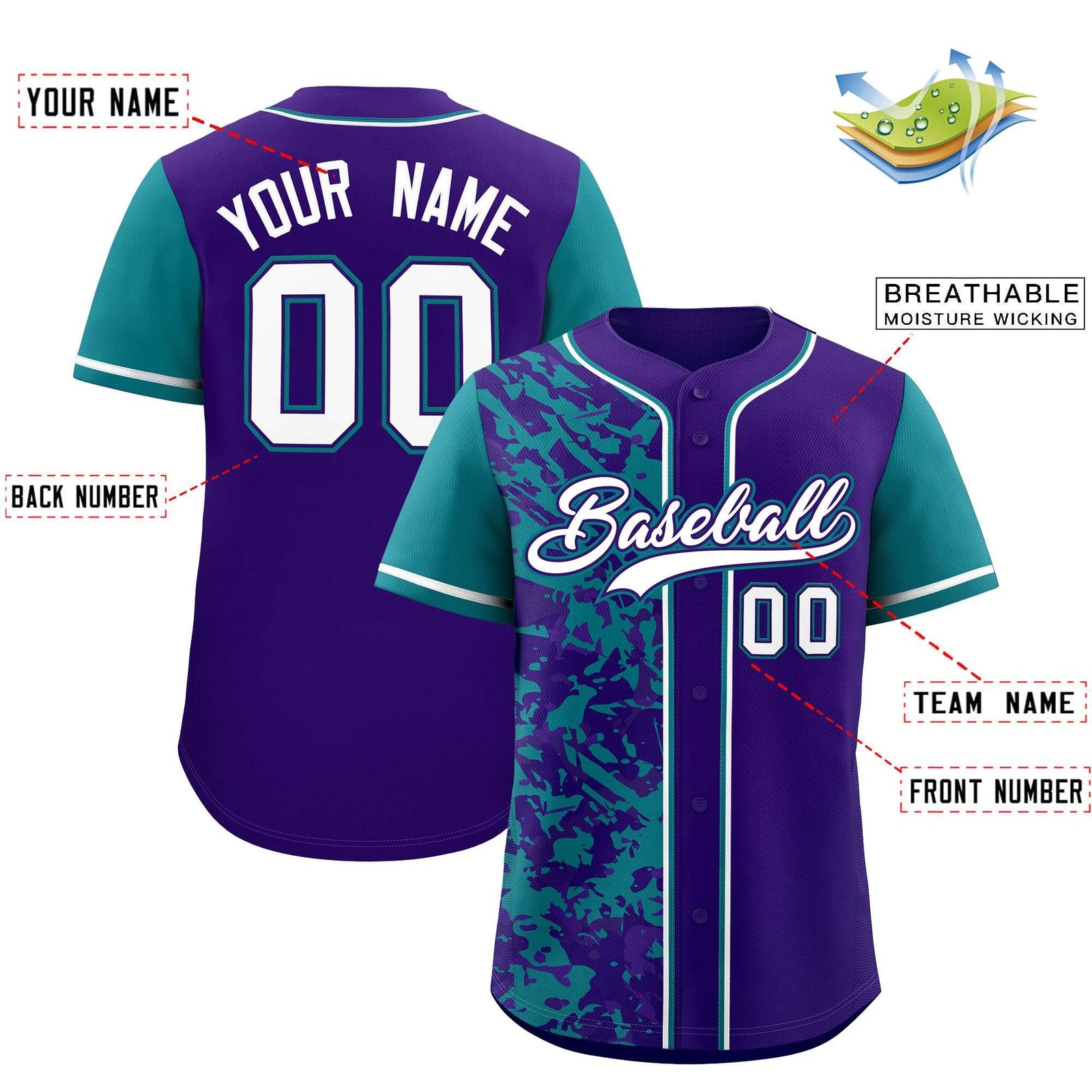Custom Purple Teal Split Personalized Graffiti Raglan Sleeve Authentic Baseball Jersey