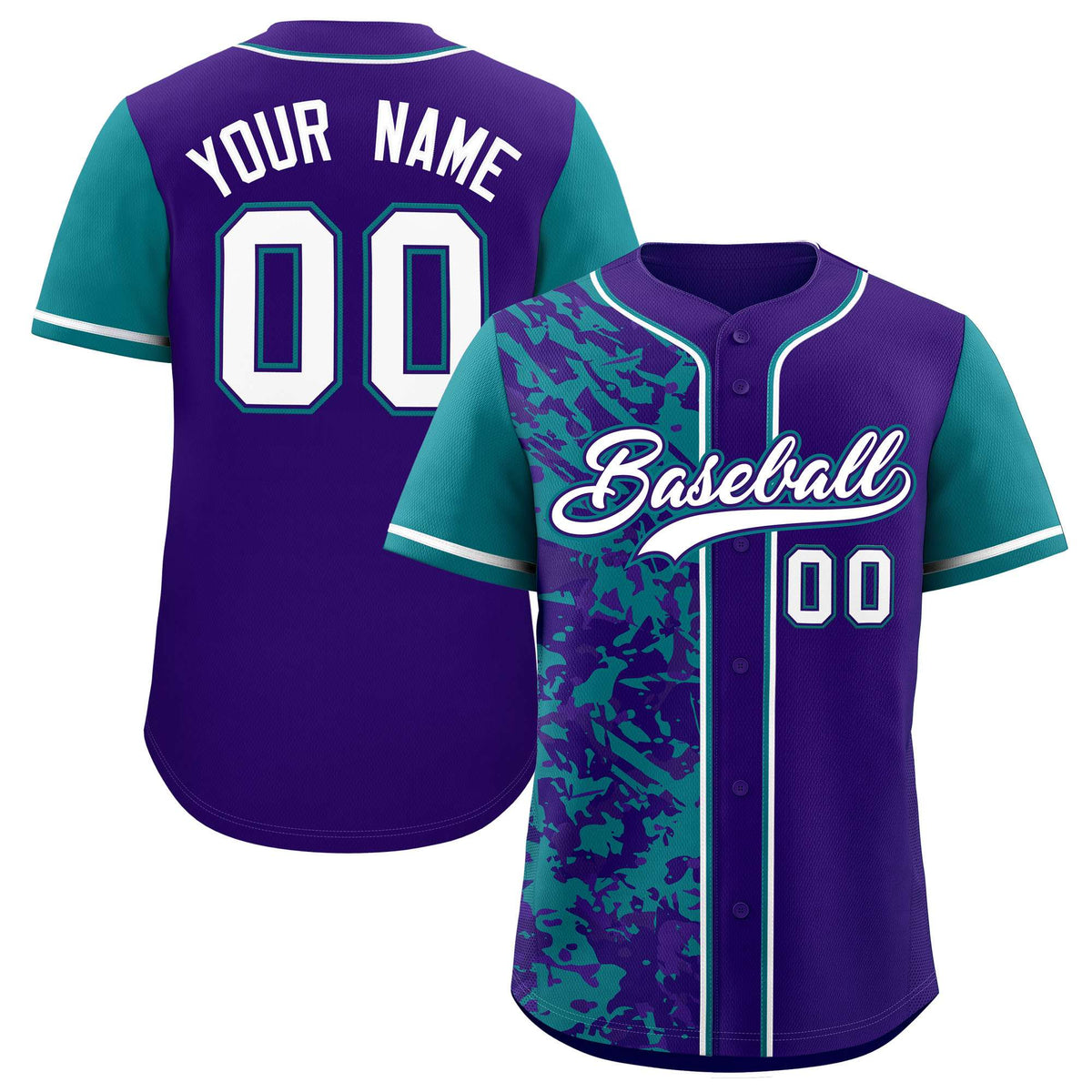 Custom Purple Teal Split Personalized Graffiti Raglan Sleeve Authentic Baseball Jersey