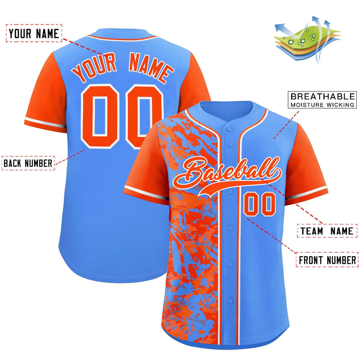 Custom Blue Orange Split Personalized Graffiti Raglan Sleeve Authentic Baseball Jersey