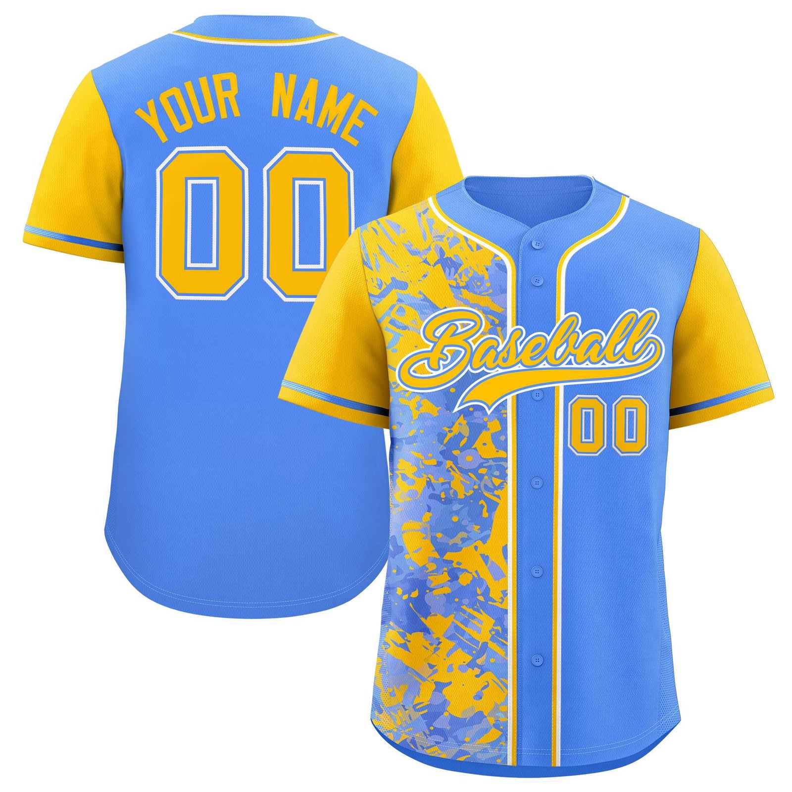 Custom Blue Yellow Split Personalized Graffiti Raglan Sleeve Authentic Baseball Jersey
