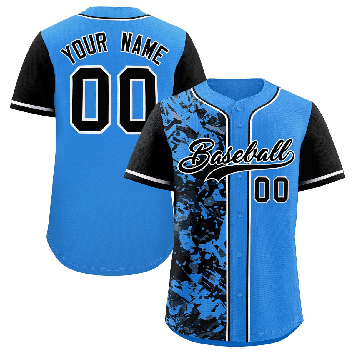 Custom Blue Black Split Personalized Graffiti Raglan Sleeve Authentic Baseball Jersey