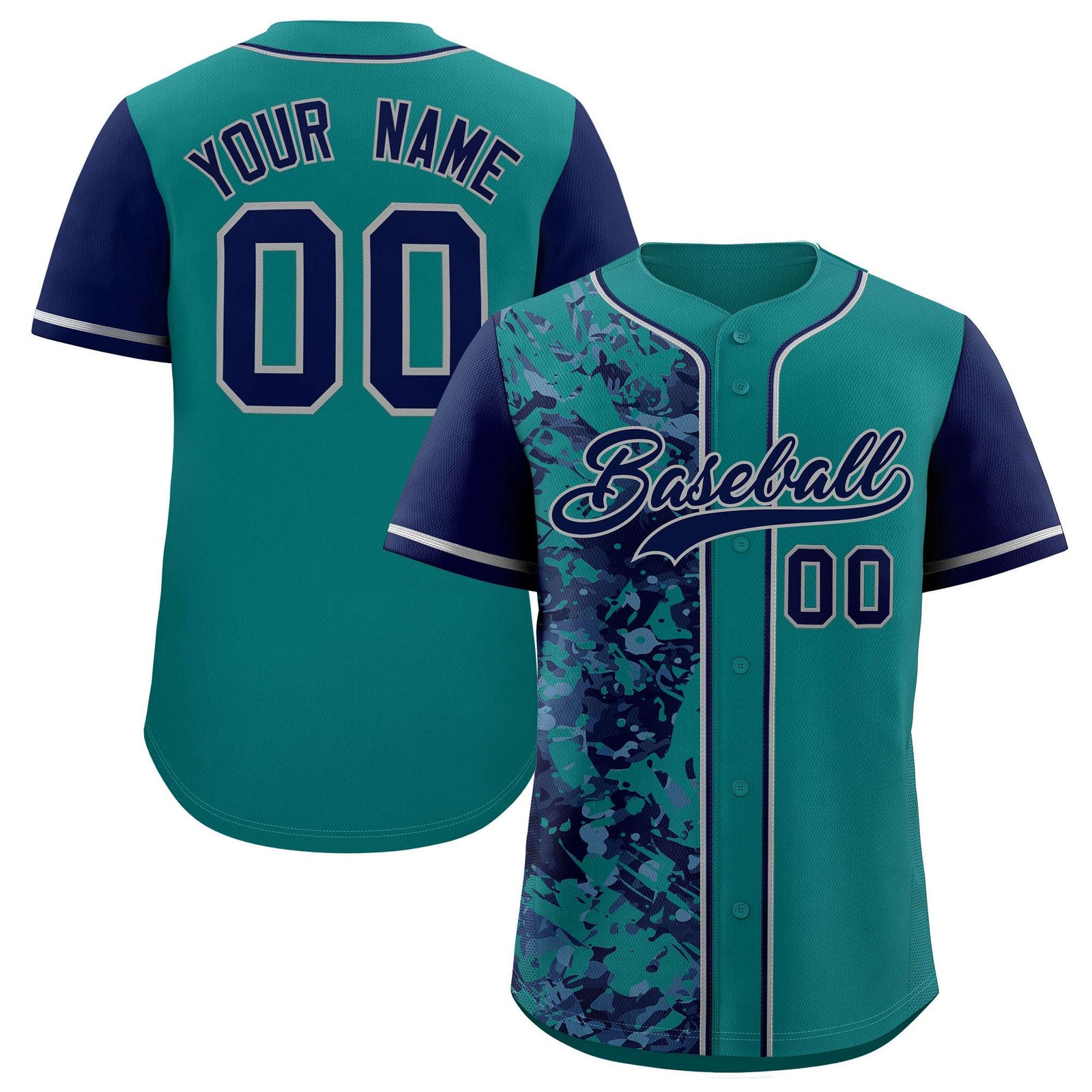Custom Aqua Navy Split Personalized Graffiti Raglan Sleeve Authentic Baseball Jersey