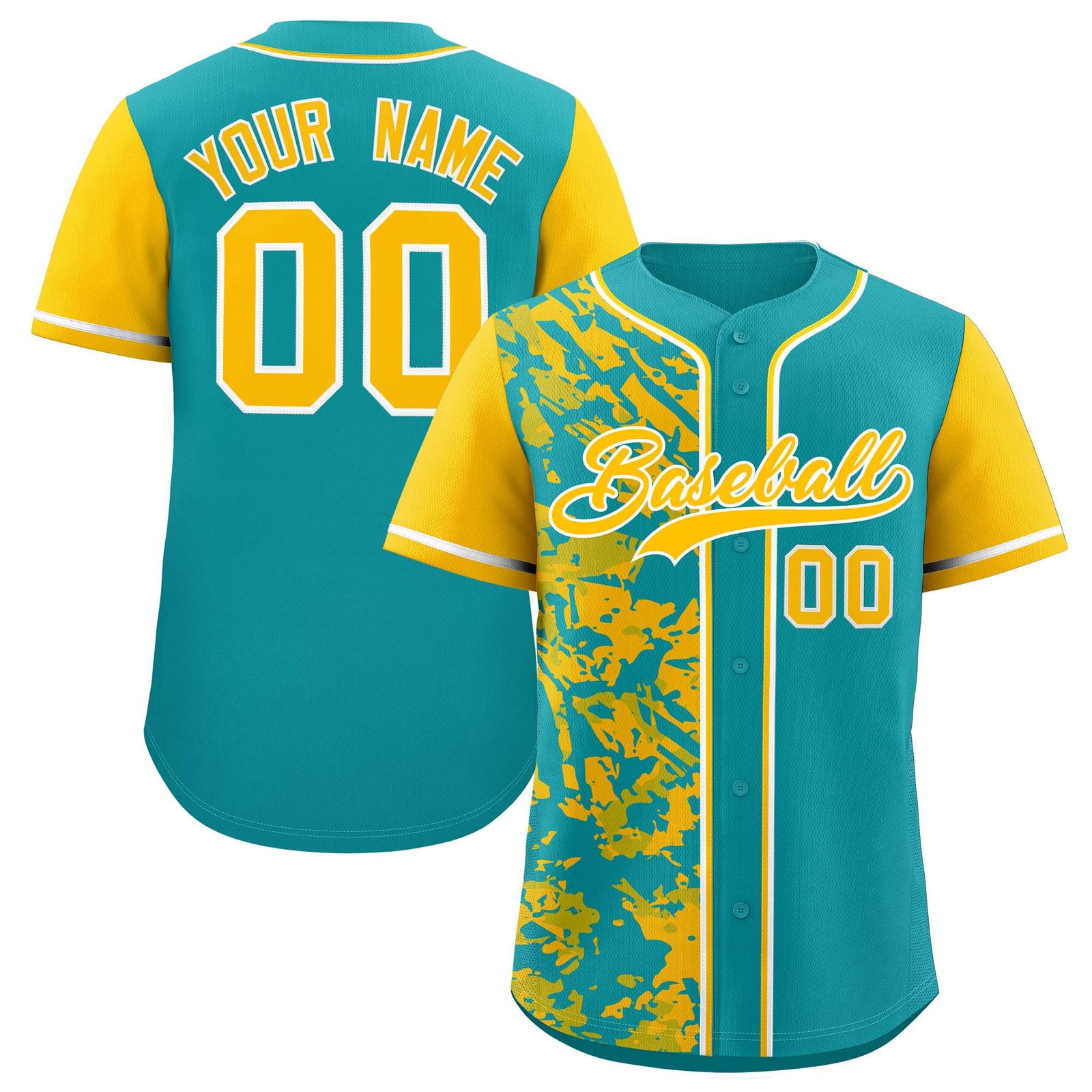 Custom Aqua Yellow Split Personalized Graffiti Raglan Sleeve Authentic Baseball Jersey