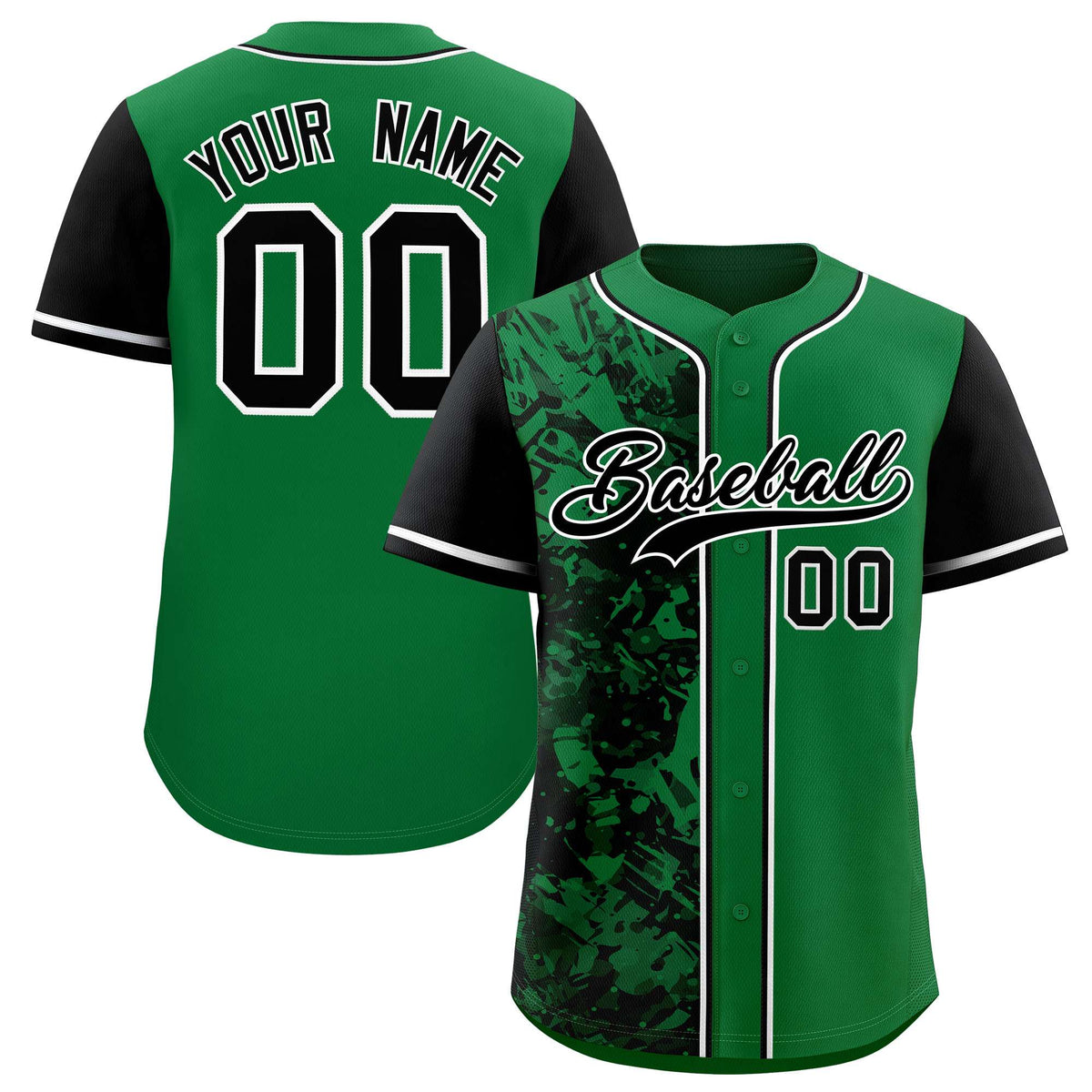 Custom Green Black Split Personalized Graffiti Raglan Sleeve Authentic Baseball Jersey