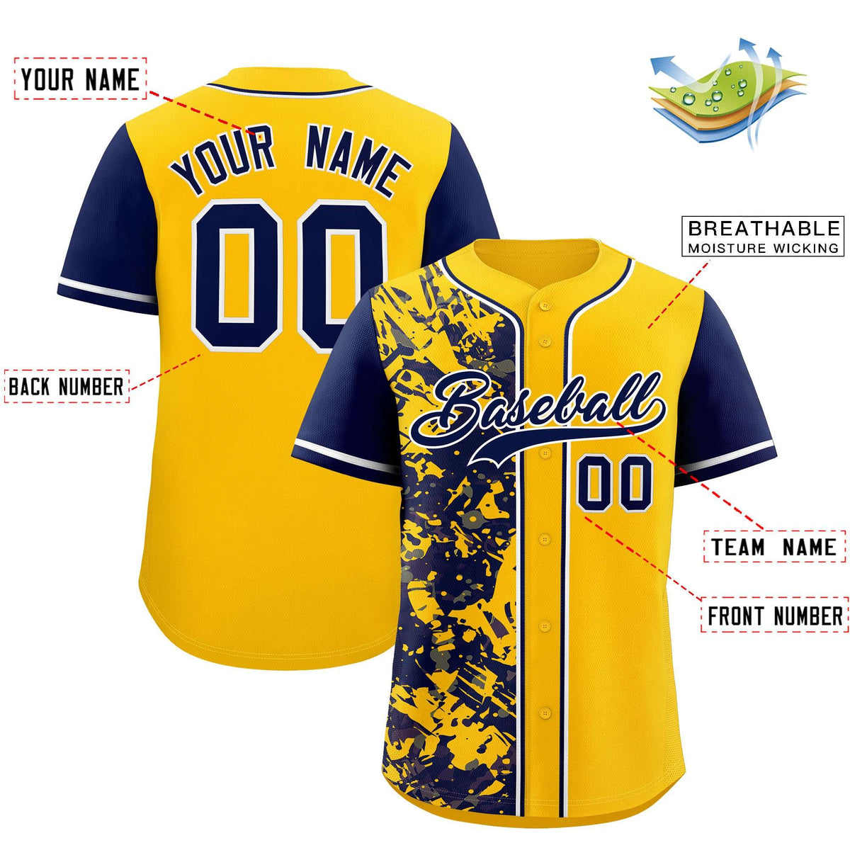 Custom Yellow Navy Split Personalized Graffiti Raglan Sleeve Authentic Baseball Jersey