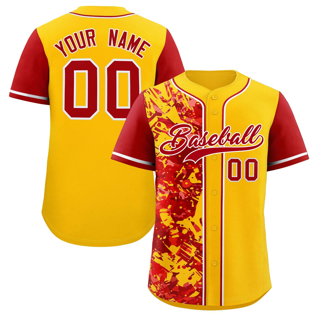 Custom Yellow Red Split Personalized Graffiti Raglan Sleeve Authentic Baseball Jersey