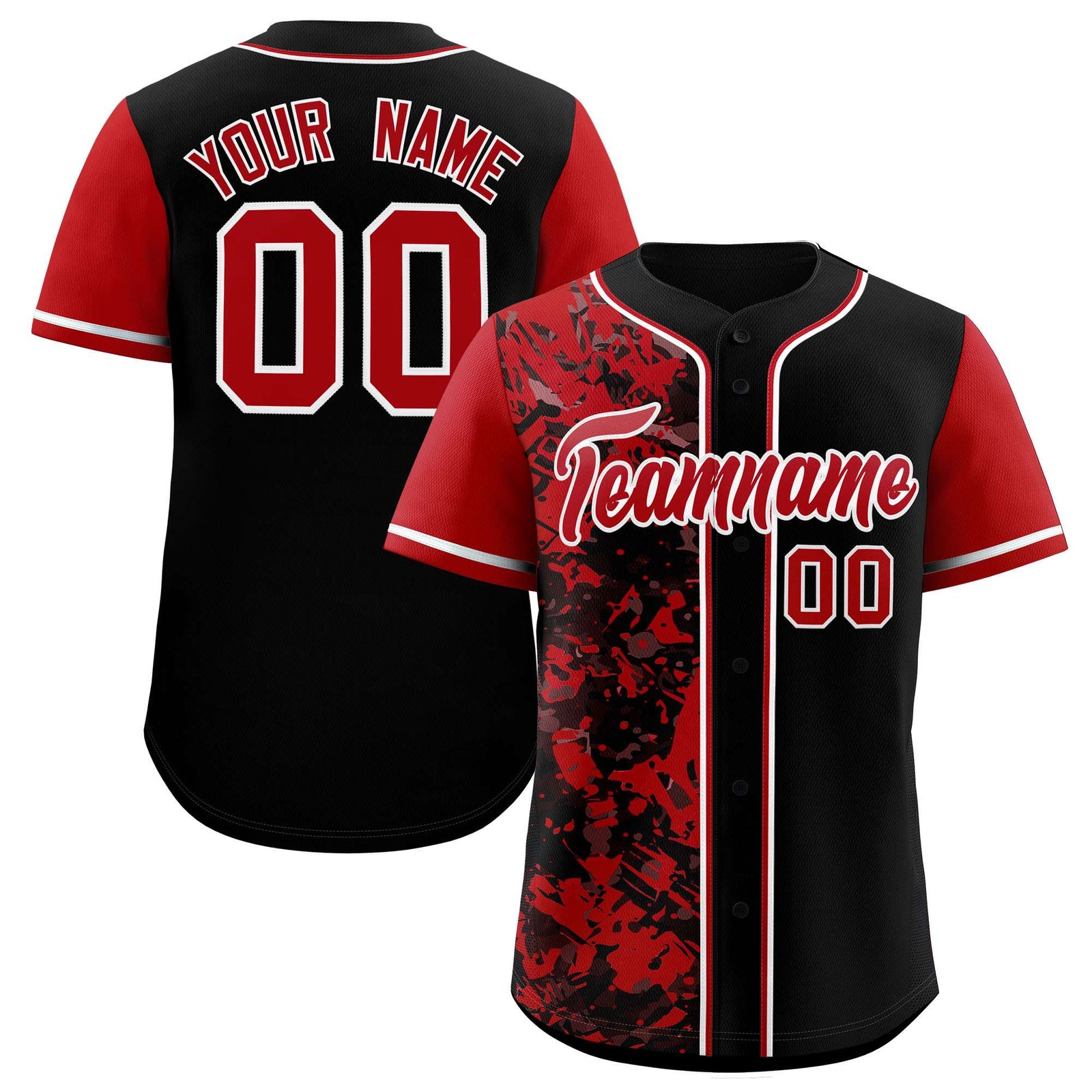 Custom Black Red Split Personalized Graffiti Raglan Sleeve Authentic Baseball Jersey