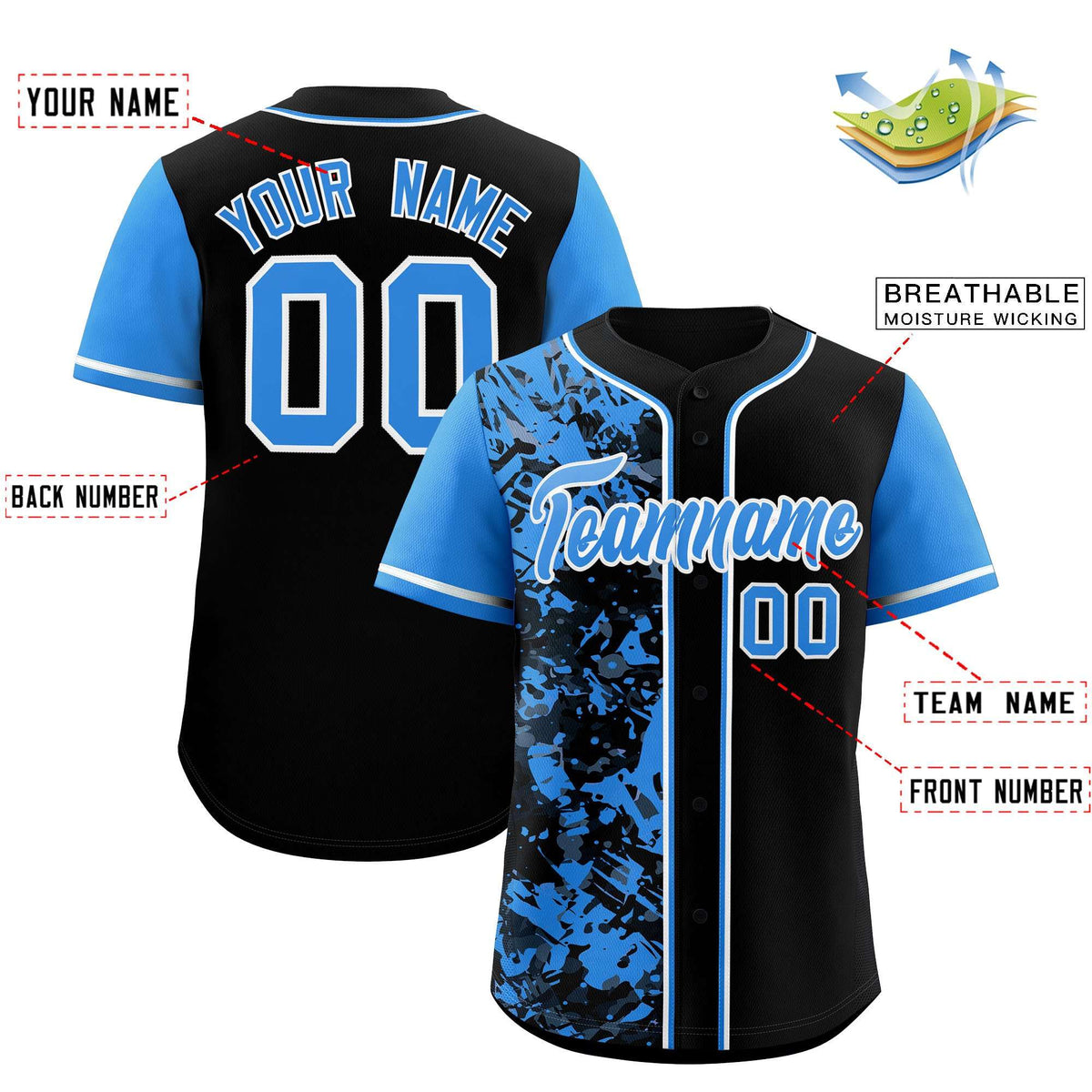 Custom Black Blue Split Personalized Graffiti Raglan Sleeve Authentic Baseball Jersey