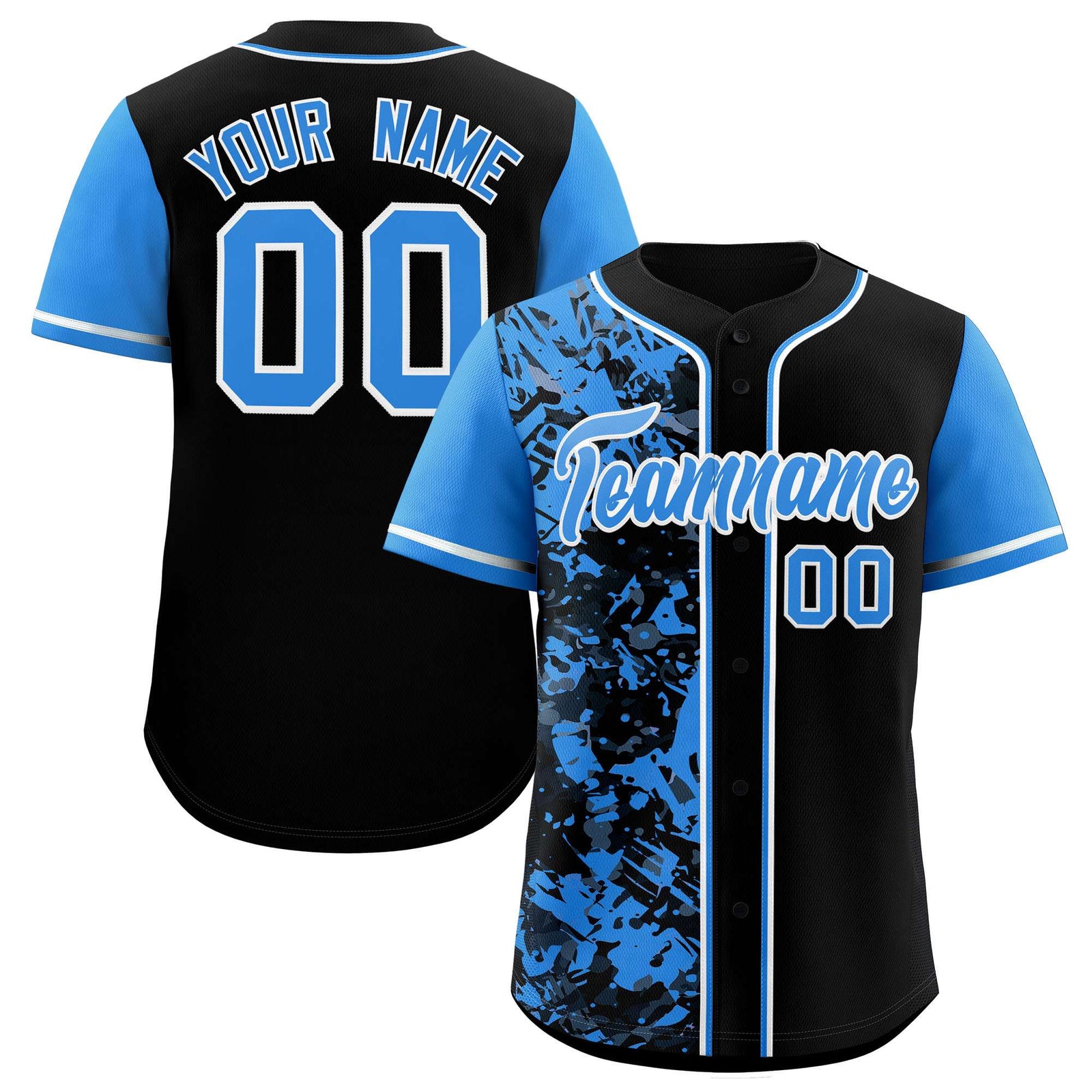 Custom Black Blue Split Personalized Graffiti Raglan Sleeve Authentic Baseball Jersey