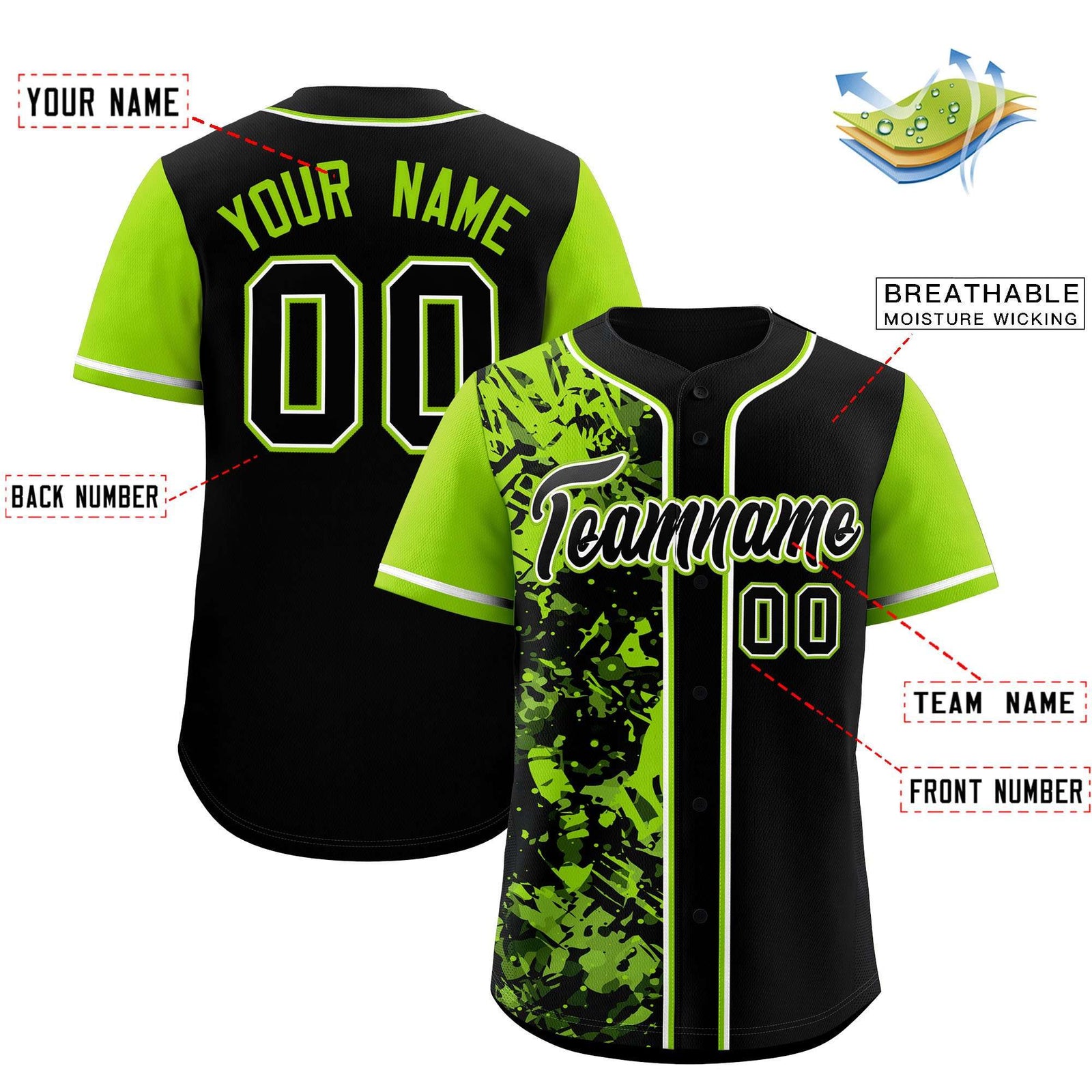 Custom Black Neon Green Split Personalized Graffiti Raglan Sleeve Authentic Baseball Jersey