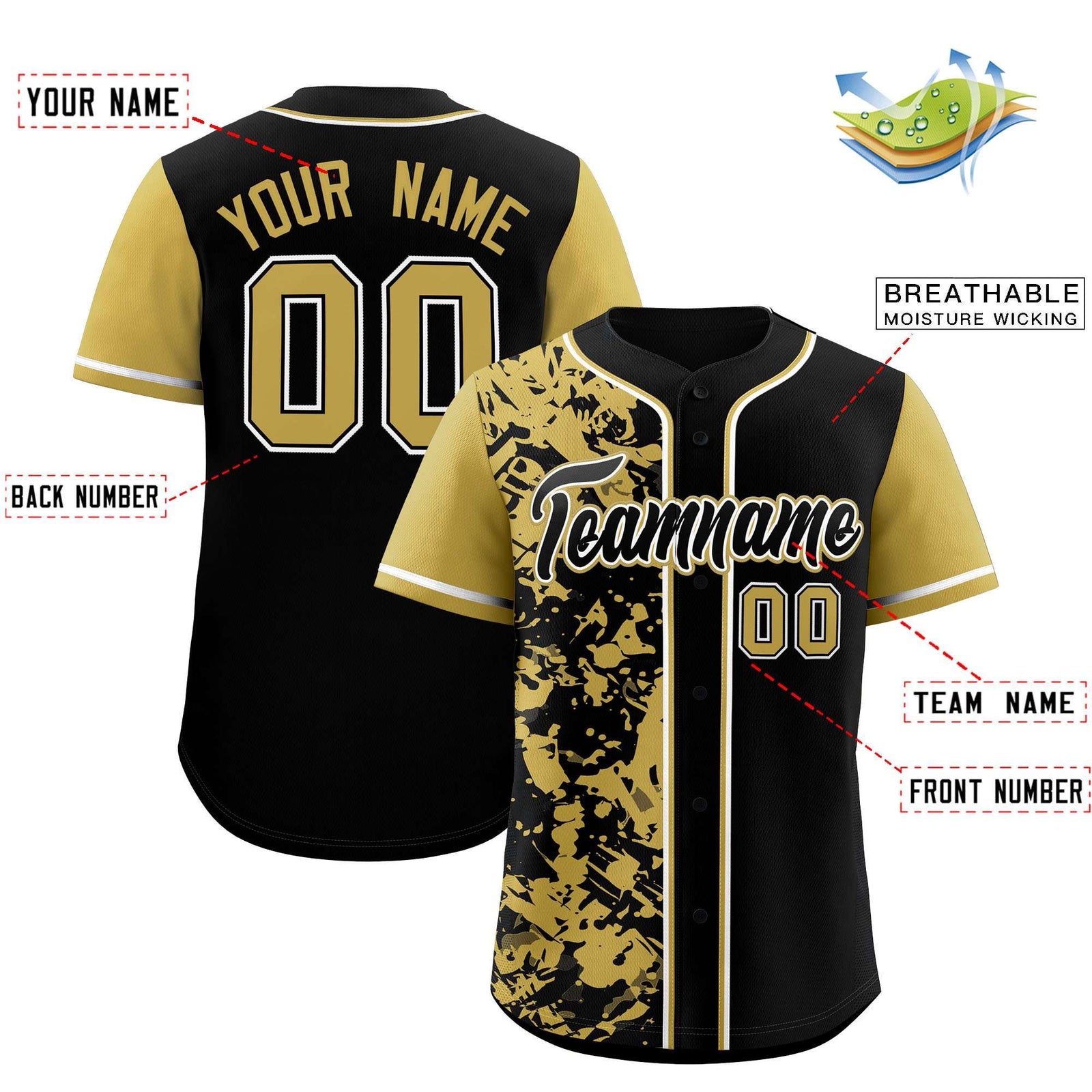Custom Black Old Gold Split Personalized Graffiti Raglan Sleeve Authentic Baseball Jersey
