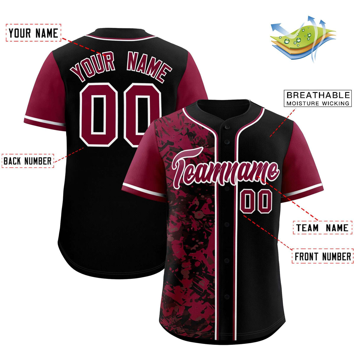 Custom Black Crimson Split Personalized Graffiti Raglan Sleeve Authentic Baseball Jersey
