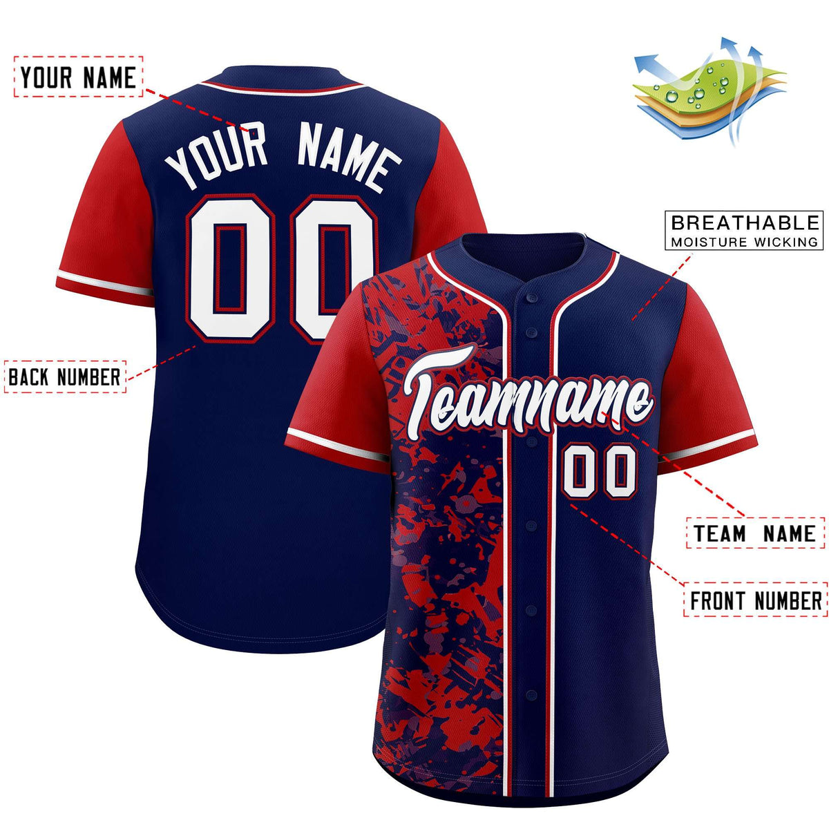 Custom Navy Red Split Personalized Graffiti Raglan Sleeve Authentic Baseball Jersey