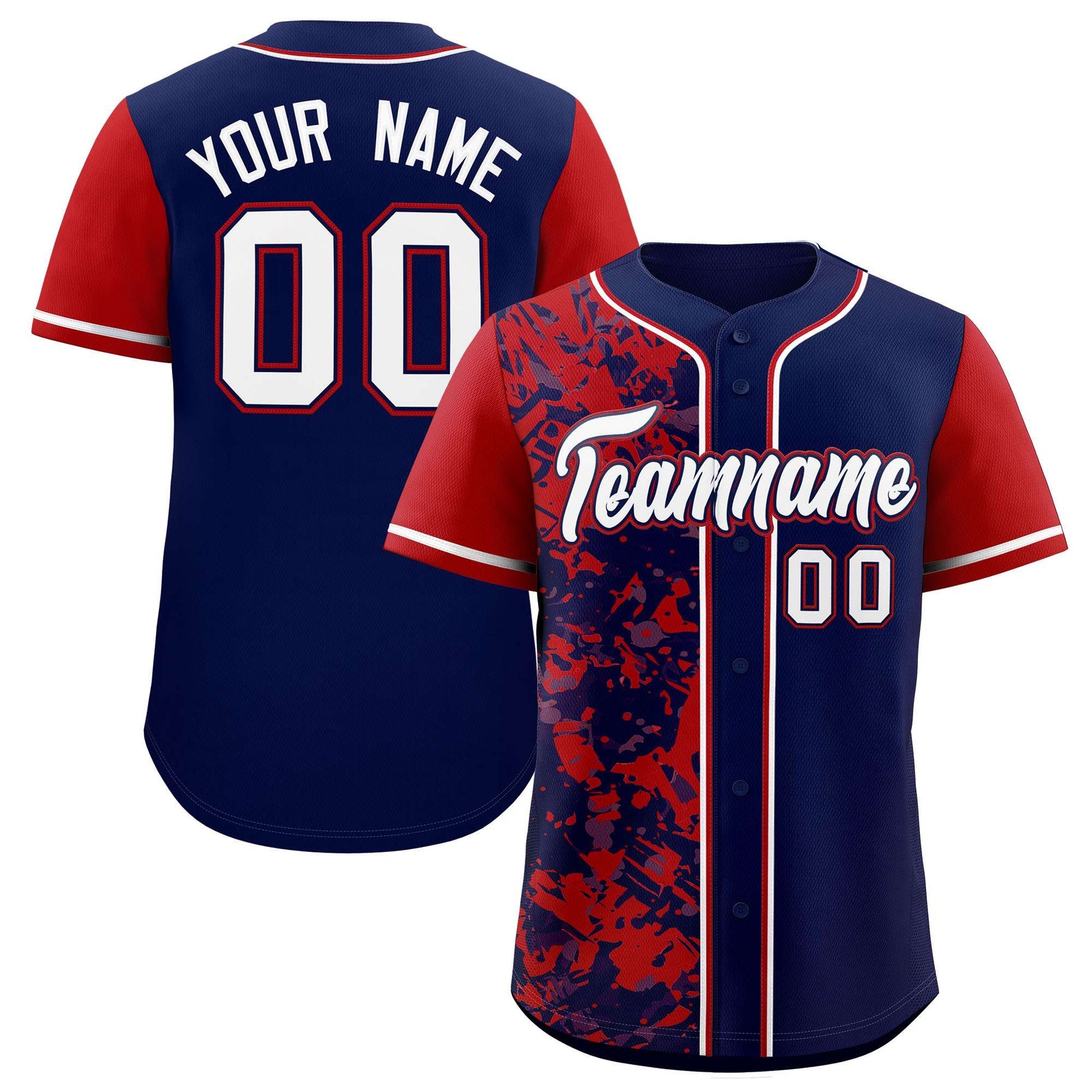 Custom Navy Red Split Personalized Graffiti Raglan Sleeve Authentic Baseball Jersey