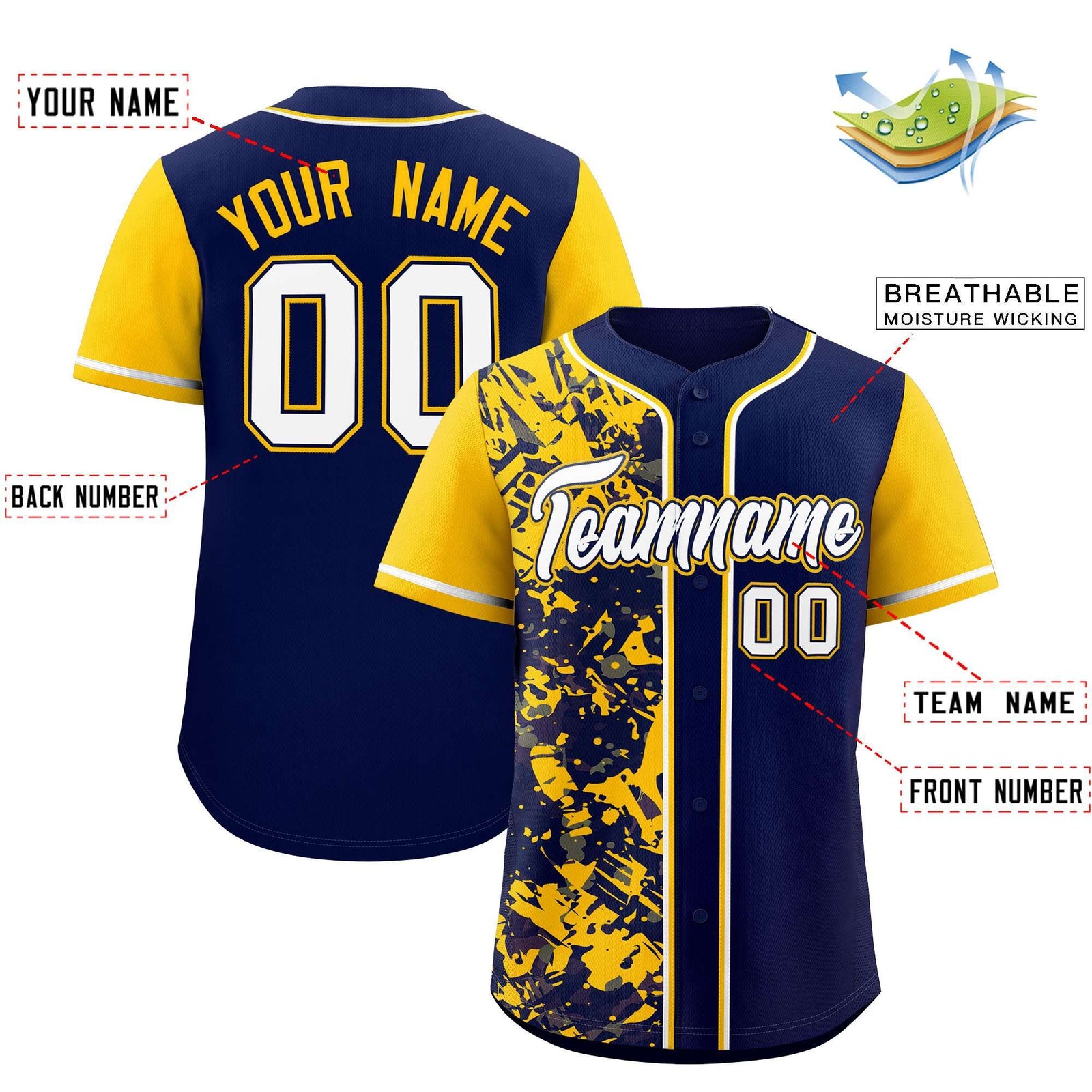 Custom Navy Yellow Split Personalized Graffiti Raglan Sleeve Authentic Baseball Jersey