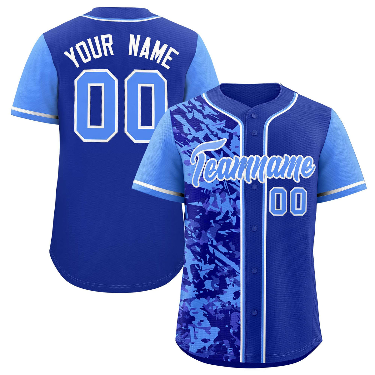 Custom Royal Blue Split Personalized Graffiti Raglan Sleeve Authentic Baseball Jersey