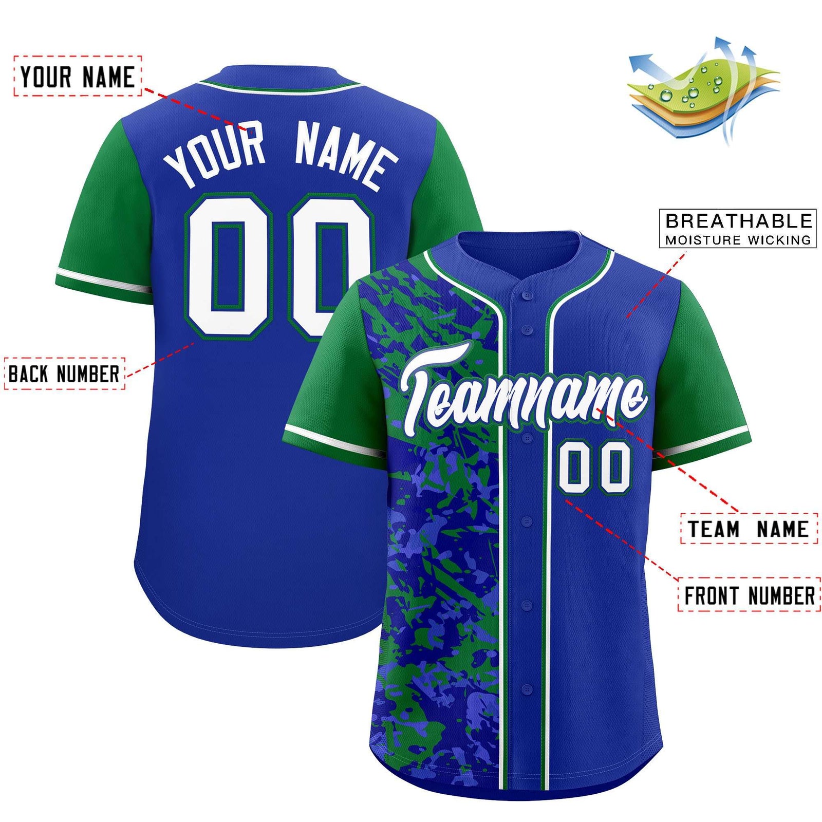 Custom Royal Green Split Personalized Graffiti Raglan Sleeve Authentic Baseball Jersey