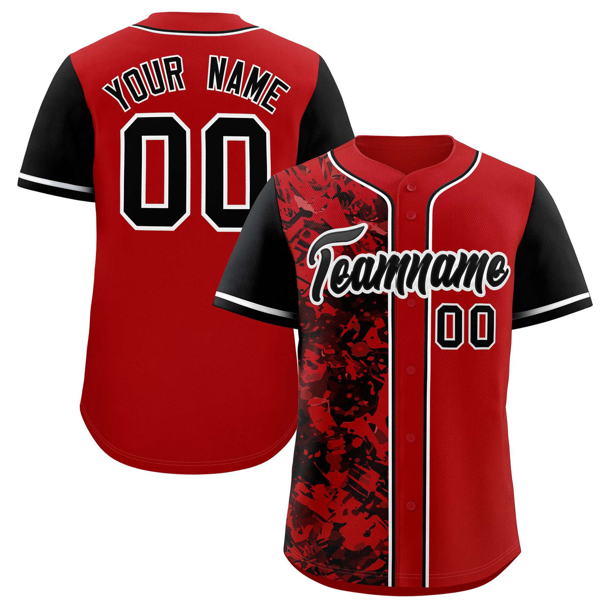 Custom Red Black Split Personalized Graffiti Raglan Sleeve Authentic Baseball Jersey