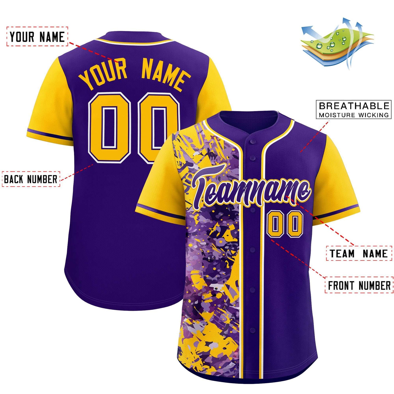 Custom Purple Yellow Split Personalized Graffiti Raglan Sleeve Authentic Baseball Jersey